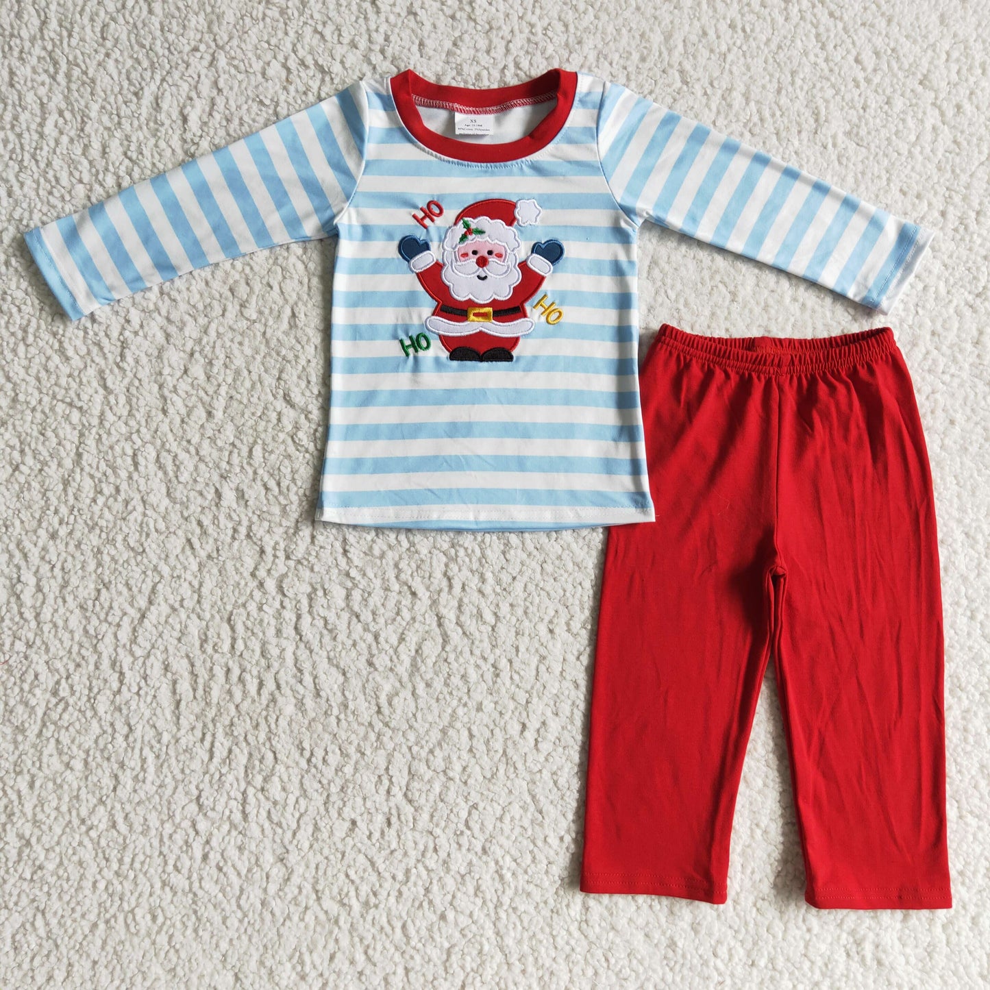 BLP0067 Blue Striped Print Embroidery Boys Santa Christmas Set
