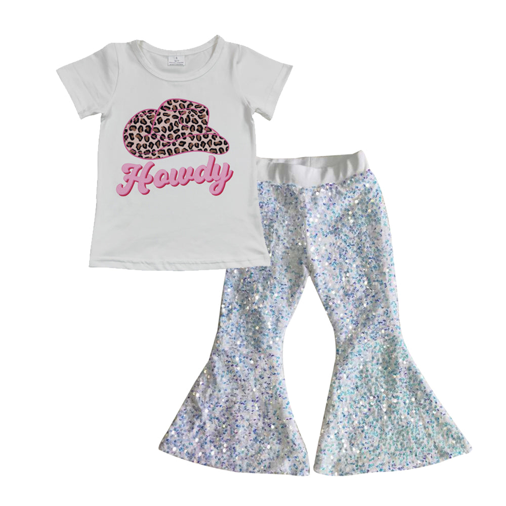 GSPO0623 Western Short Sleeve Hat Howdy White Sequin Pants Girls Set