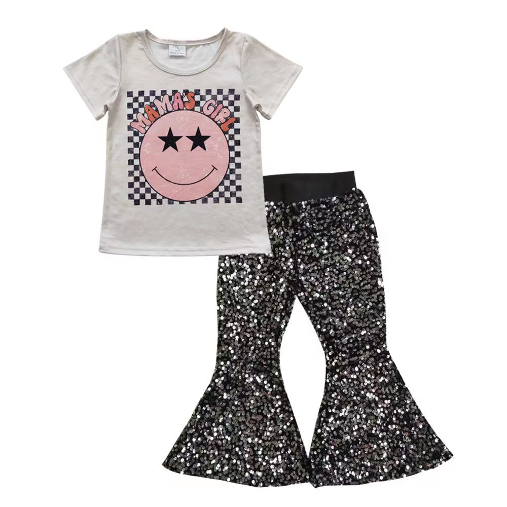 GSPO0627 Mama's Girl Smile Short Sleeve Black Sequin Kids Set