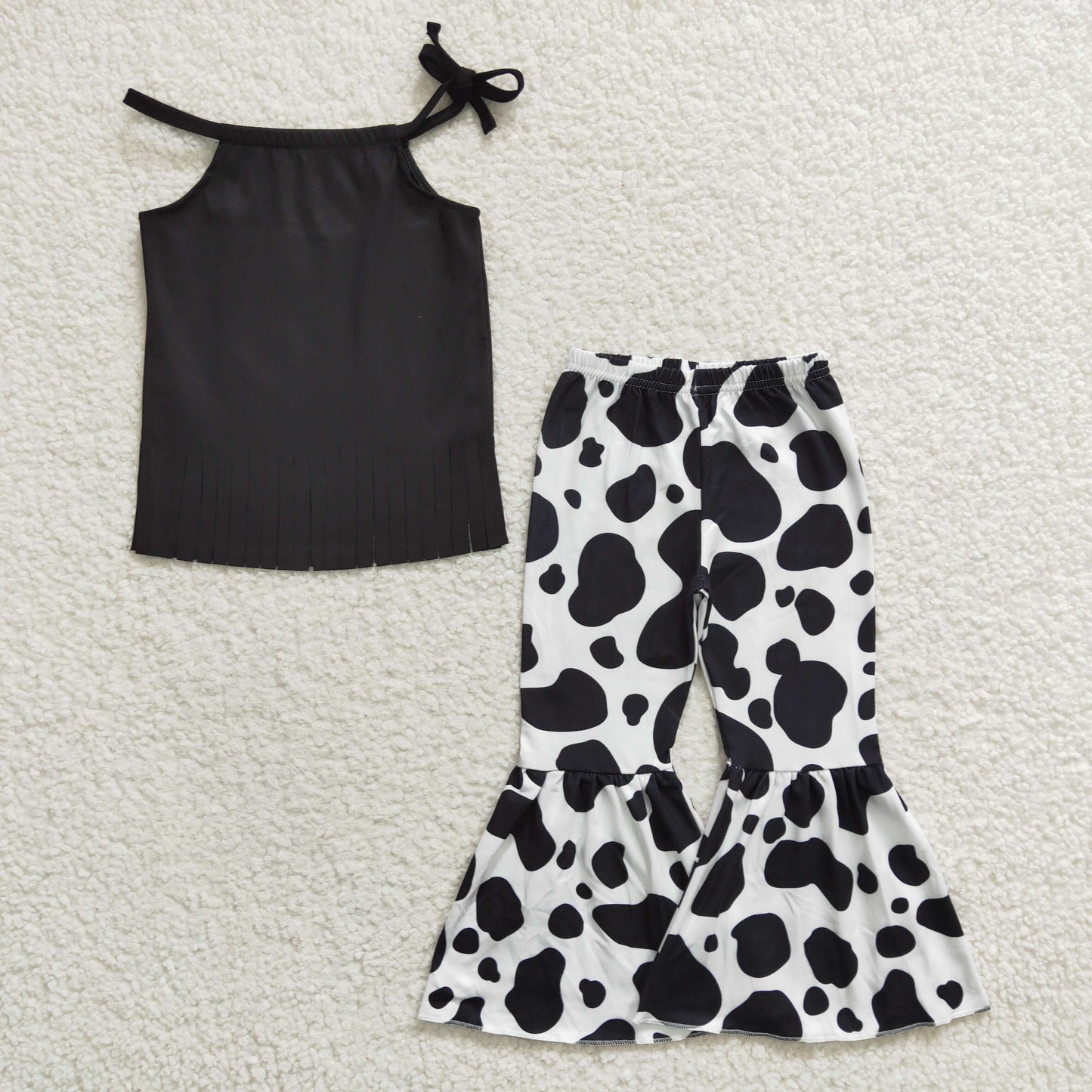 GSPO0566 Black Sleeveless Tassels Cow Print Baby Girls Outfits