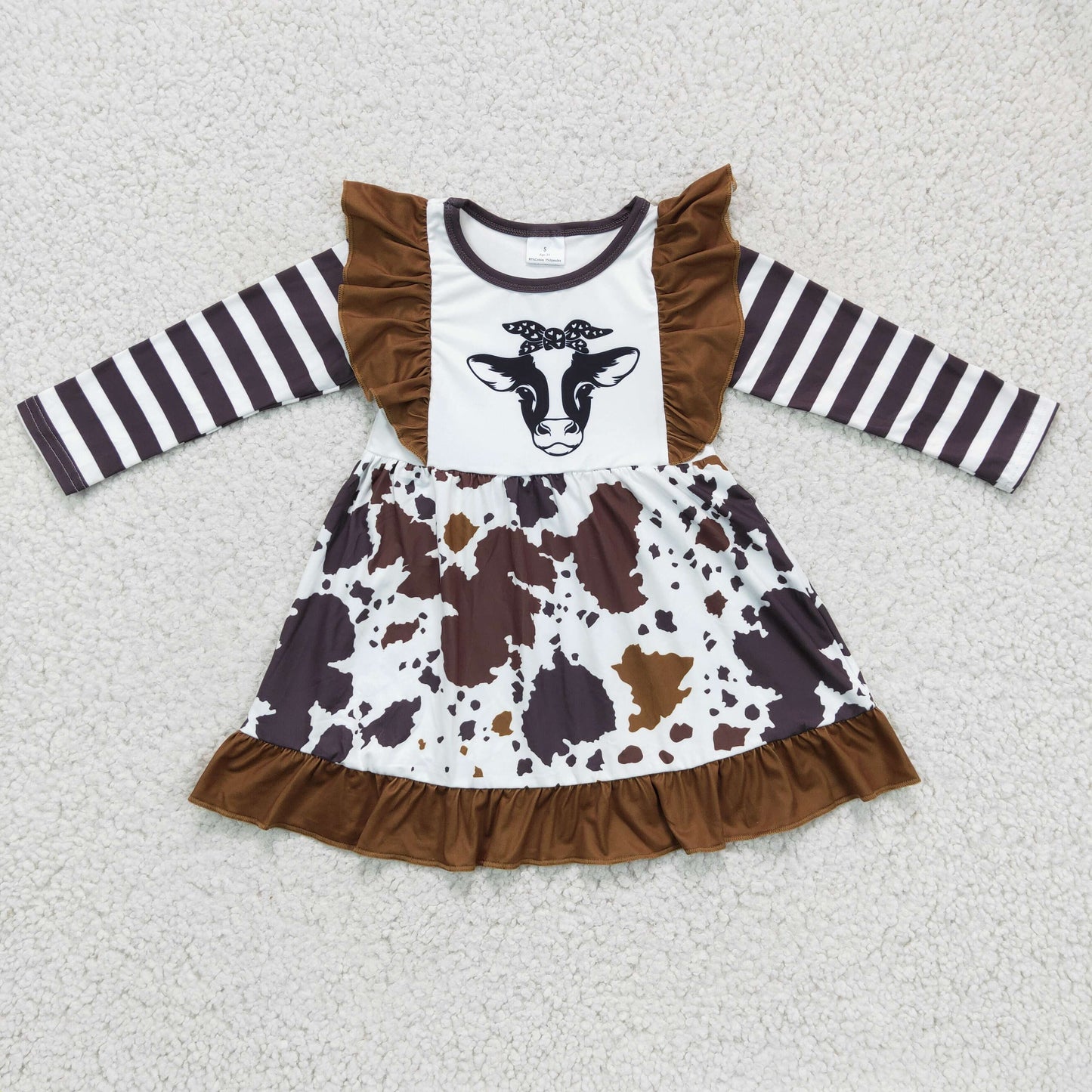 GLD0126 Cow Print Striped Print Brown Long Sleeve Girls Dress