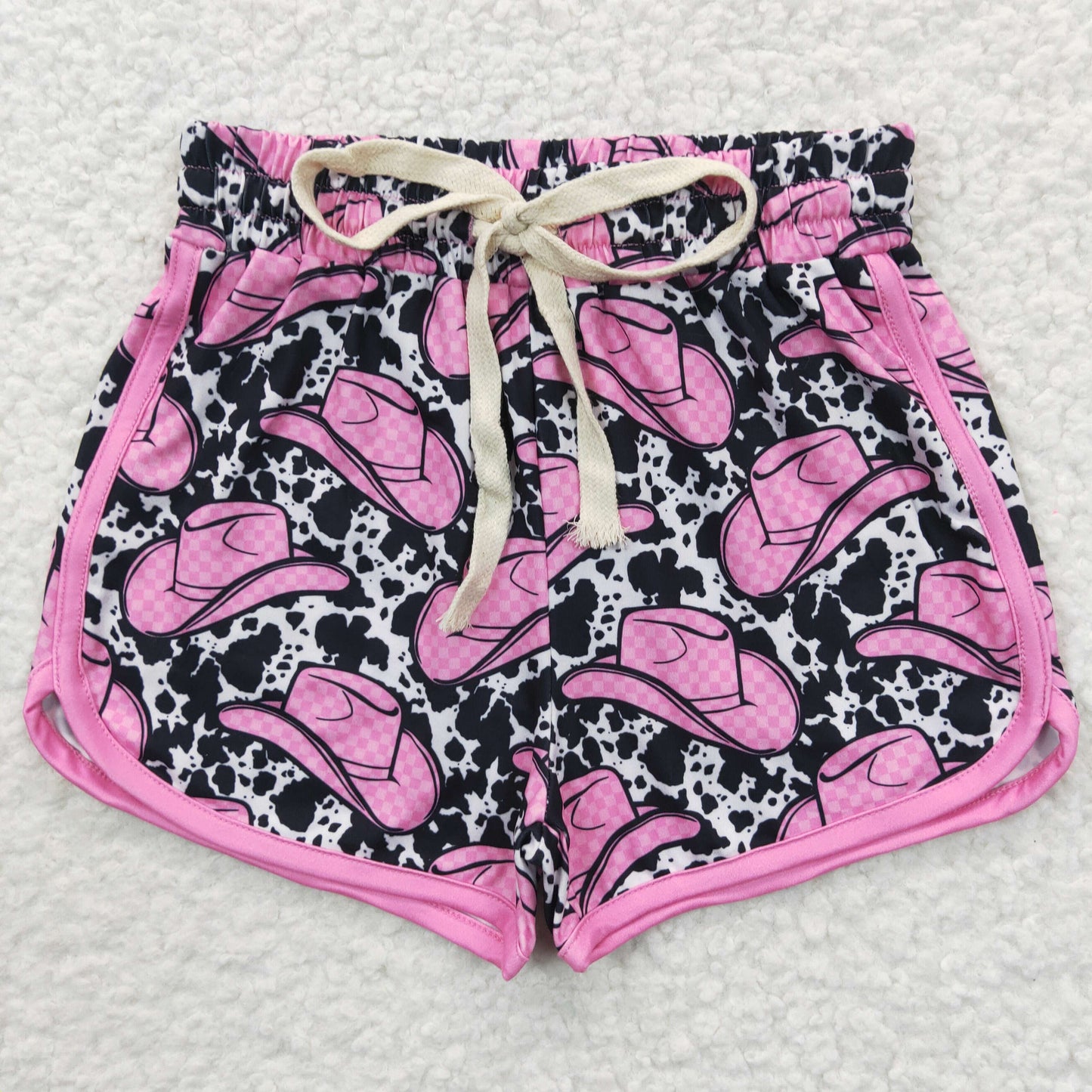SS0091 Pink Hate Cow Print Western Kids Summer Sport Shorts