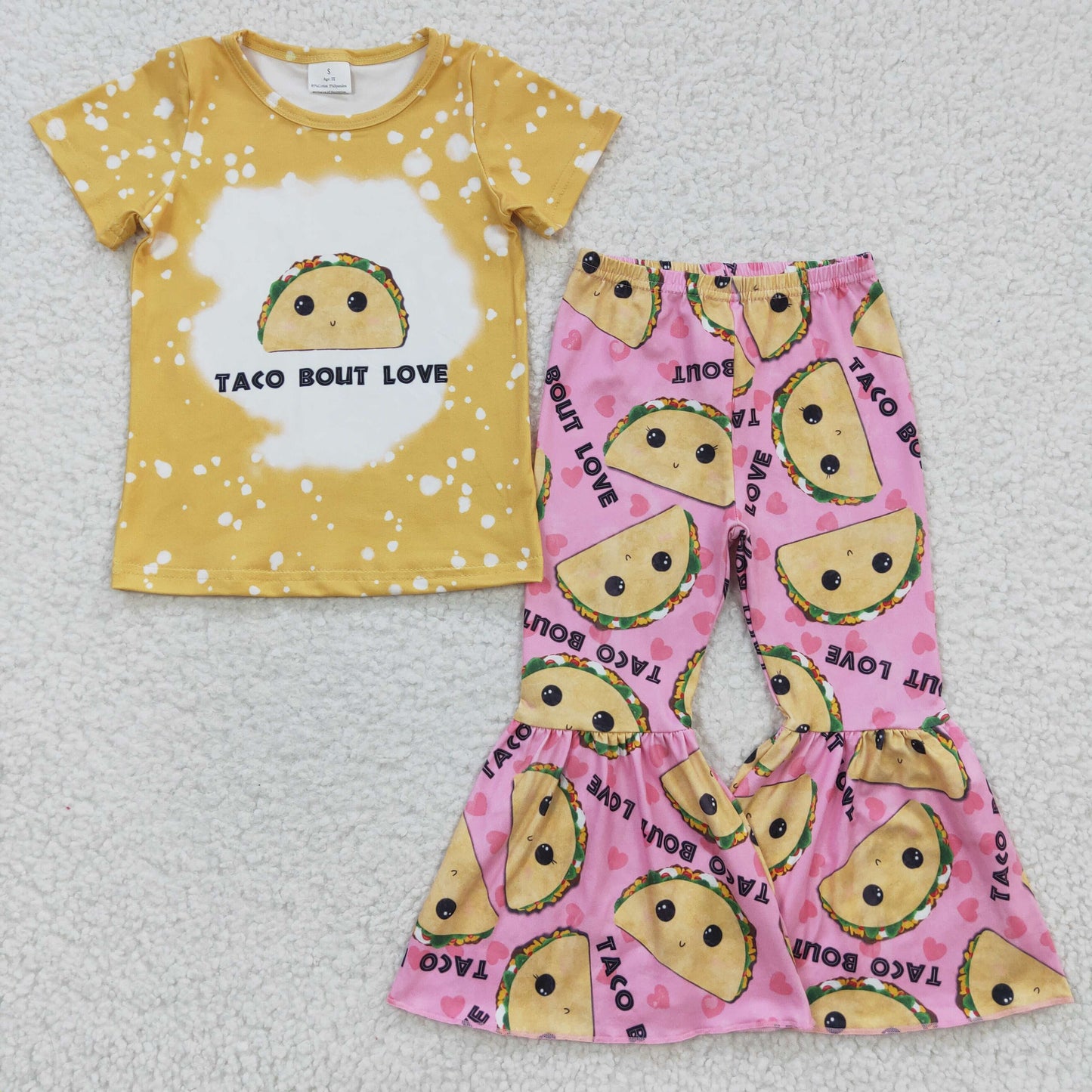 GSPO0347 Cute Yellow Bleach Design Pink Bell-pant Girls Set