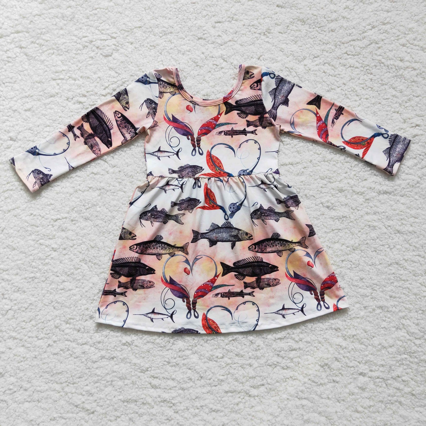 GLD0172 Fishing Heart Long Sleeve Baby Girls Dress