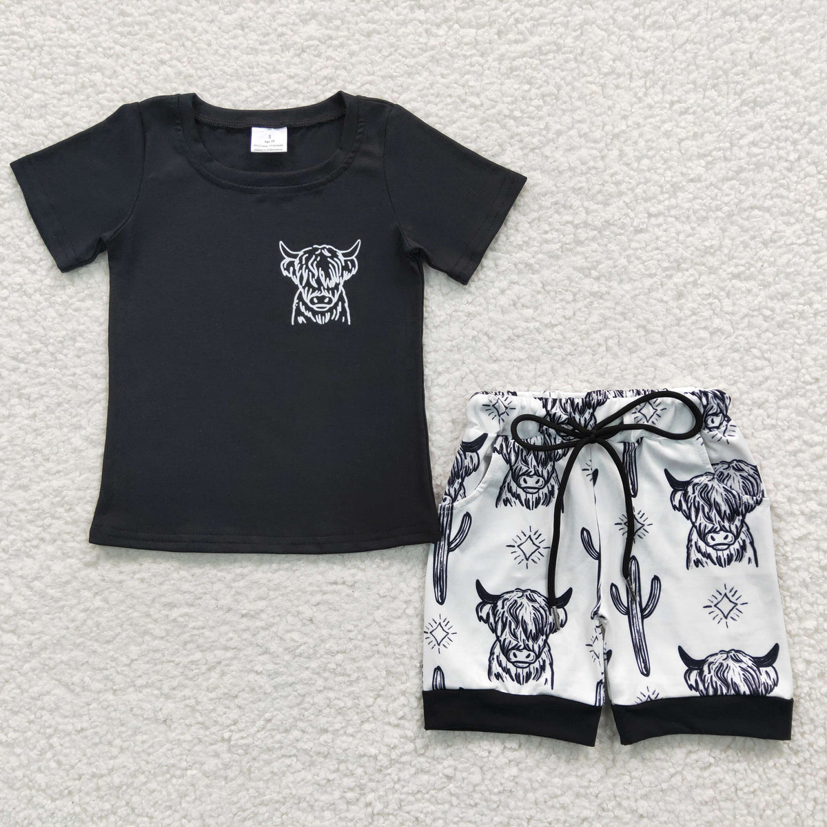 BSSO0209 Black Short Sleeve Cow Heifer Cactus Summer Boys Set