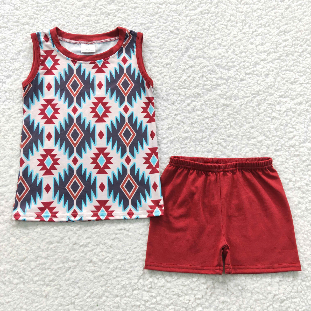 BSSO0215 Red Sleeveless Aztec Print Shorts Summer Boys Set