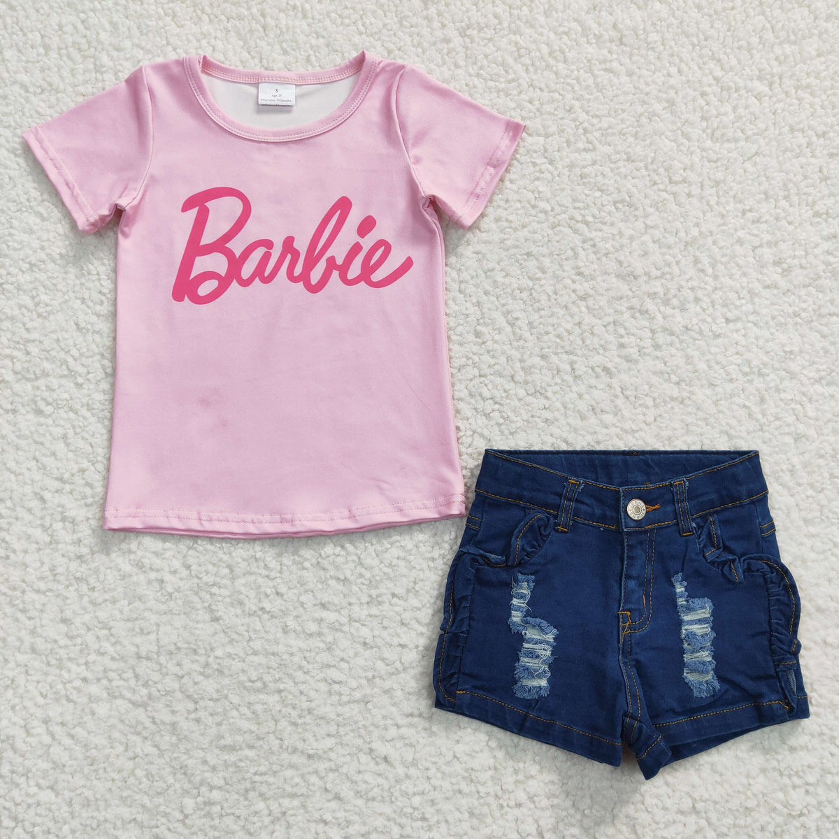GSSO0258 Pink Short Sleeve Ba t-shirts Blue Denim Shorts Jeans Girls Set