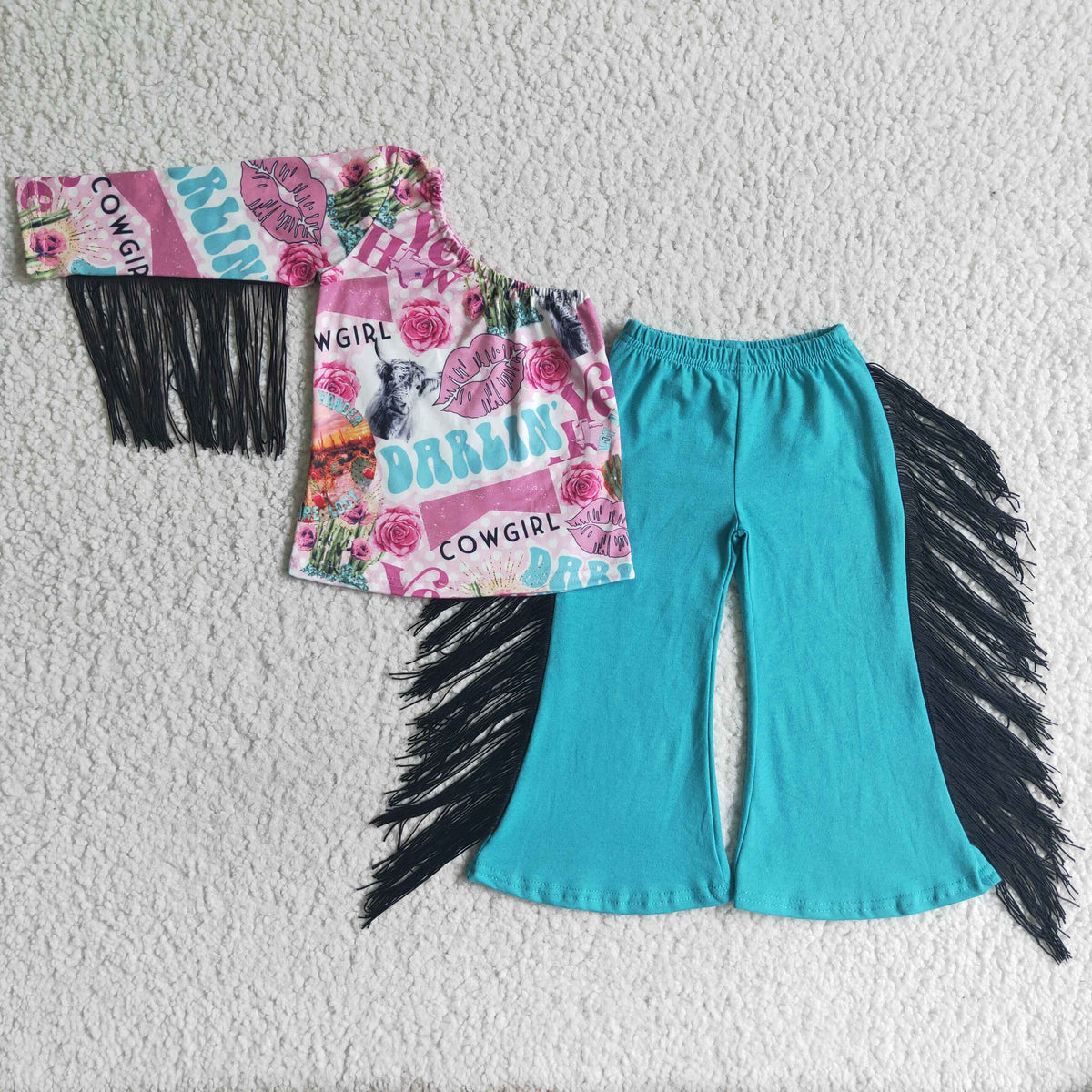 GSPO0141 Western ciw girl darlin flowers tassels long sleeve blue tassels pants girls set