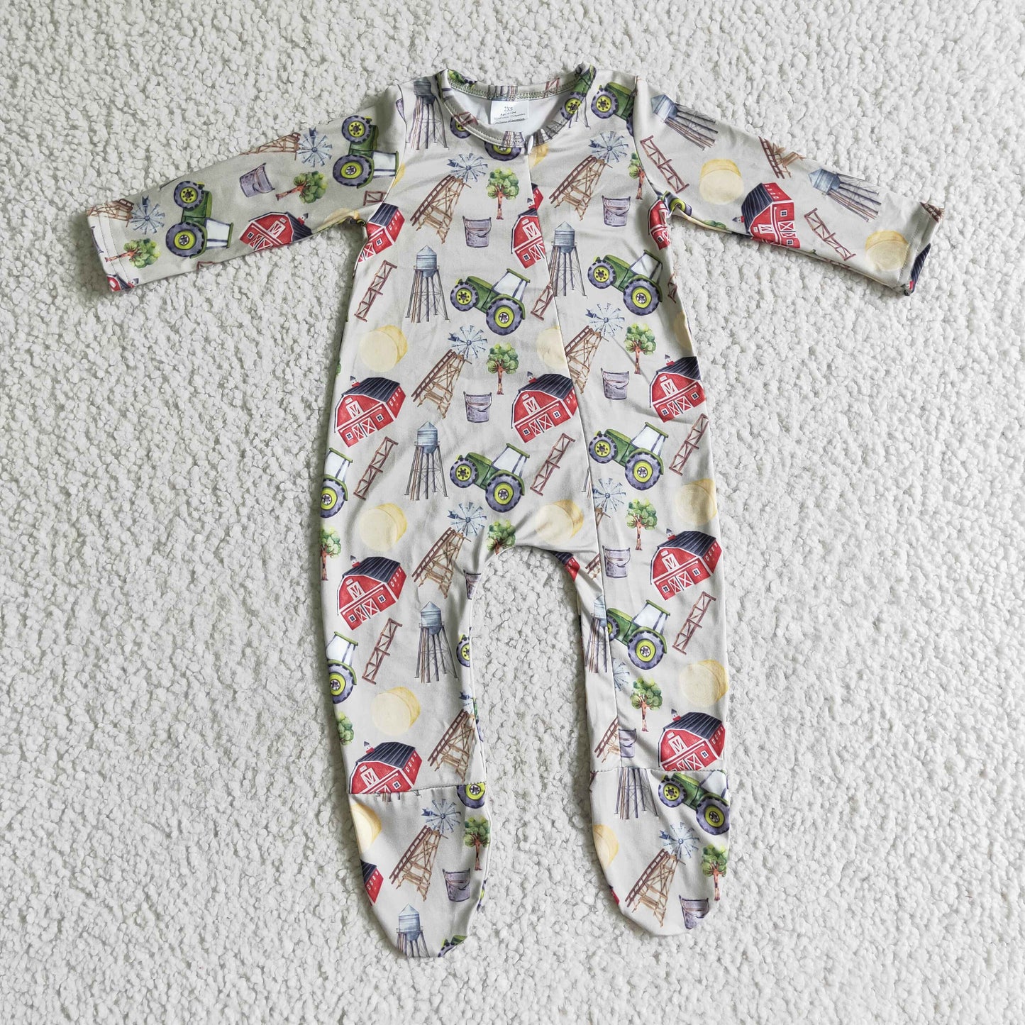 LR0099 Farm house tractor long sleeve zipper baby girls romper