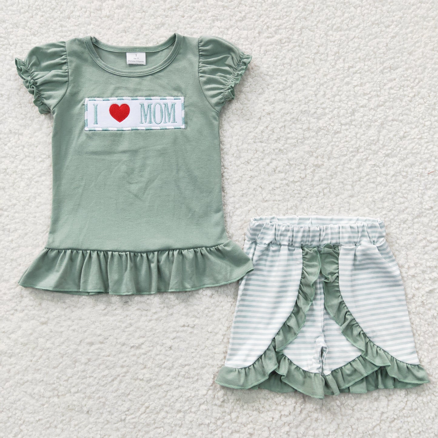 GSSO0189 Green I Love Mom Striped Print Embroidery Girls Shorts Baby Girls Set