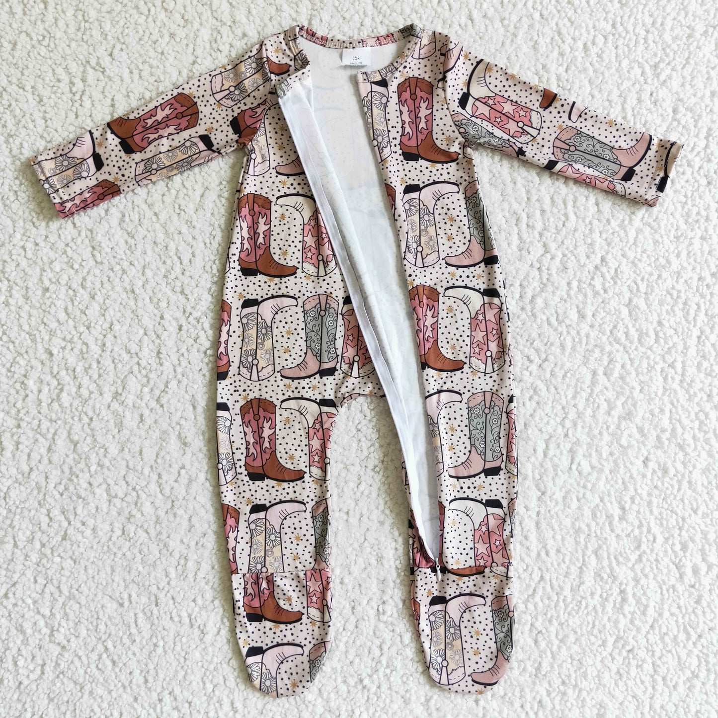 LR0070 Western Boots Print Long Sleeve Zipper Baby Girls Romper
