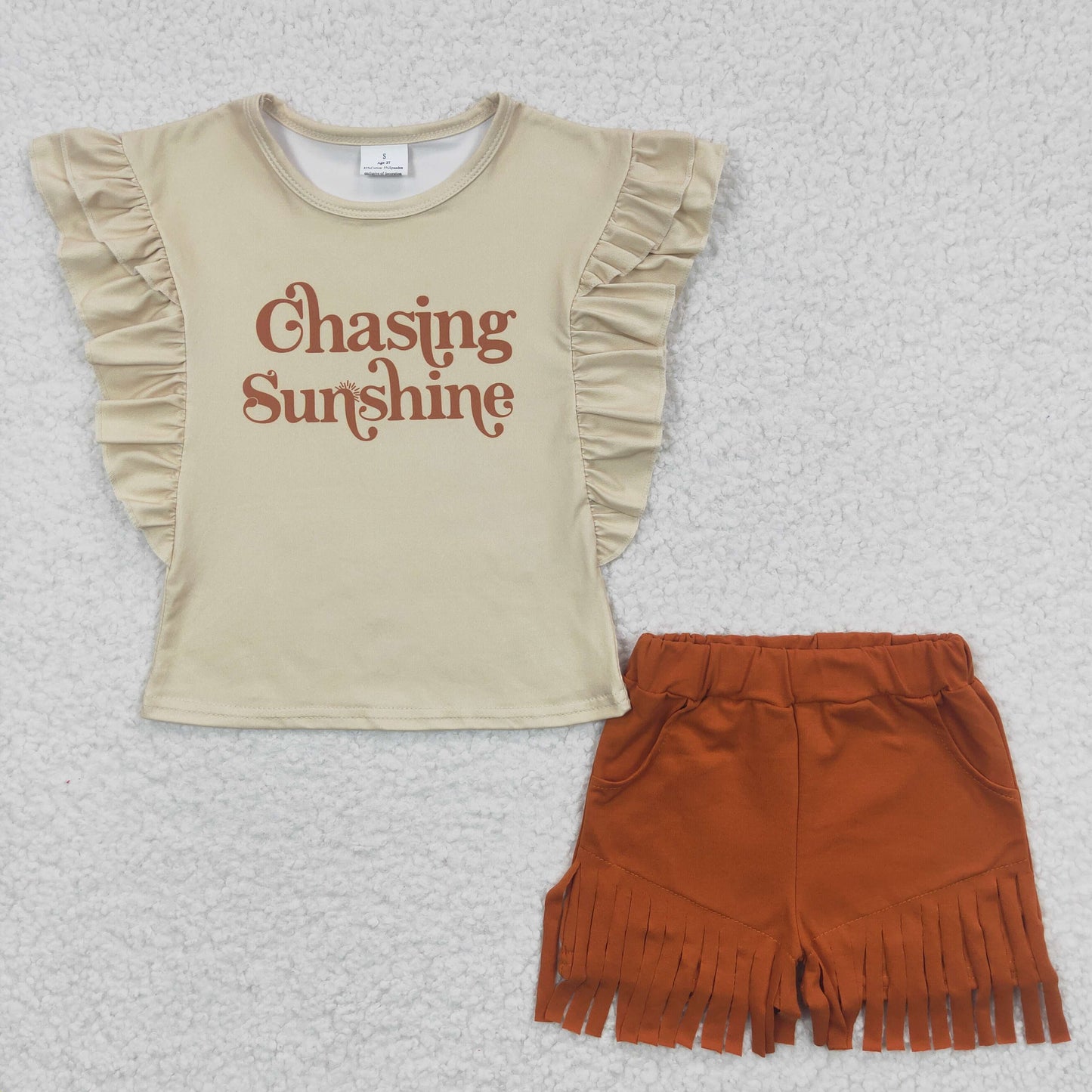 GSSO0213 Chasing Sunshine Ruffles Brown Cotton Tassels Girls Set