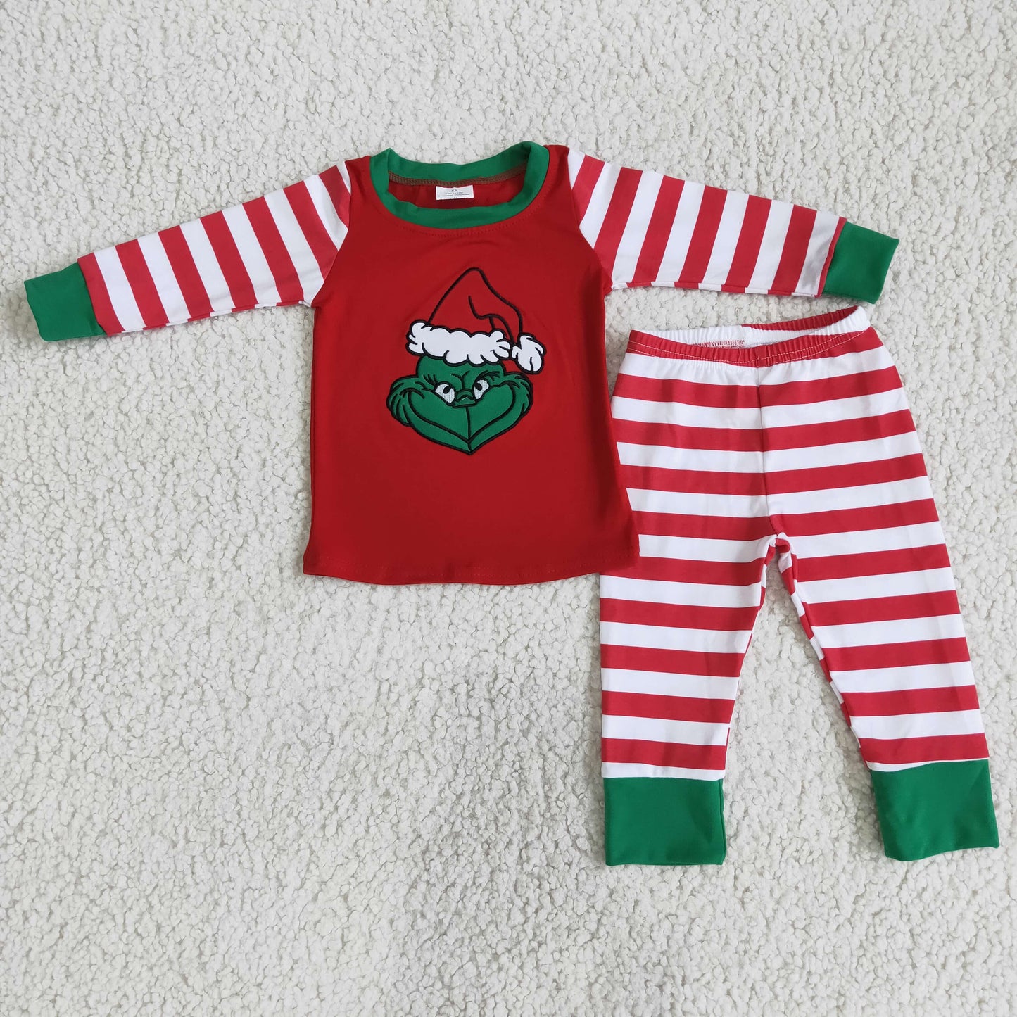 Green Embroidery Striped Print Cartoon Christmas Pajamas