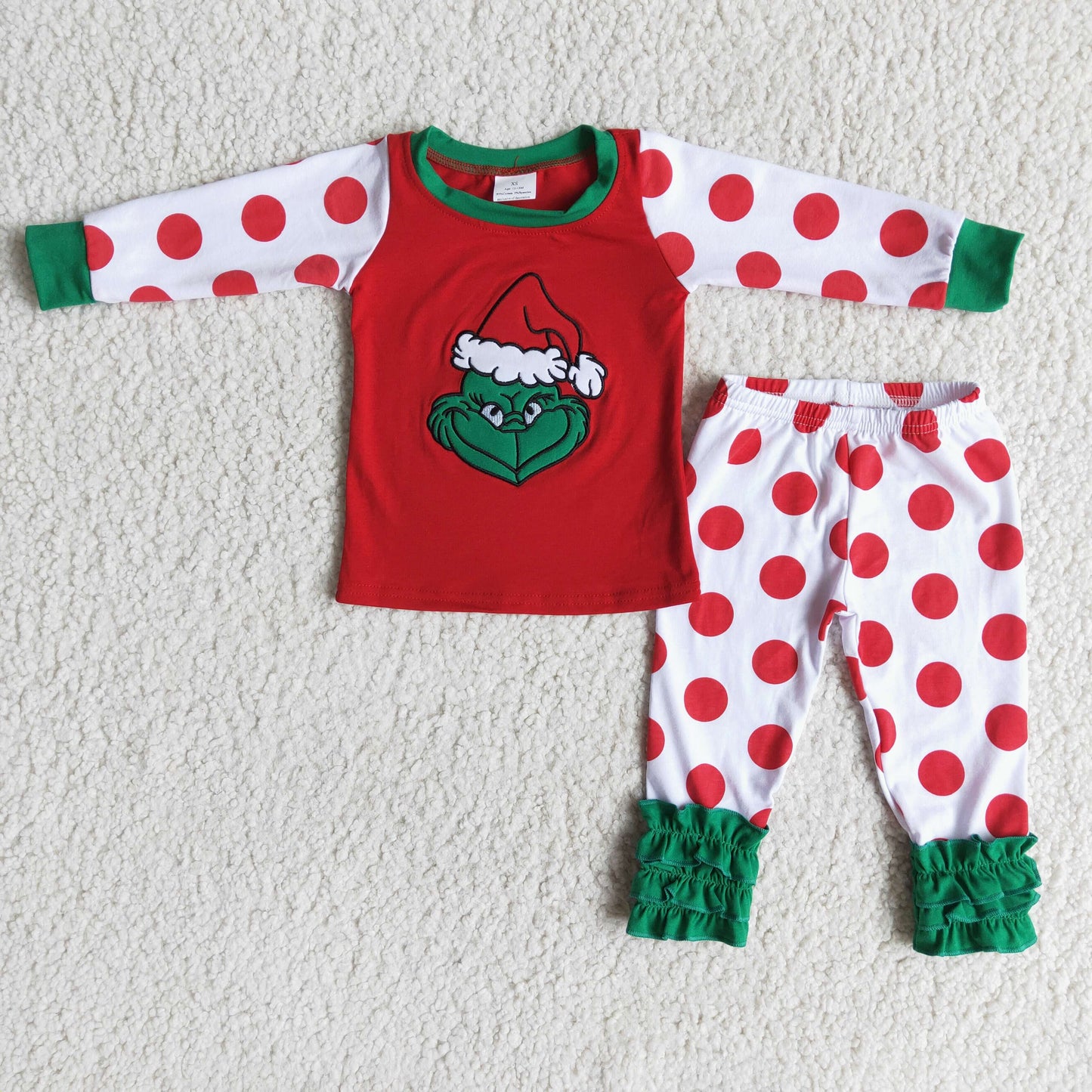 Green Embroidery Dots Girls Cartoon Christmas Pajamas