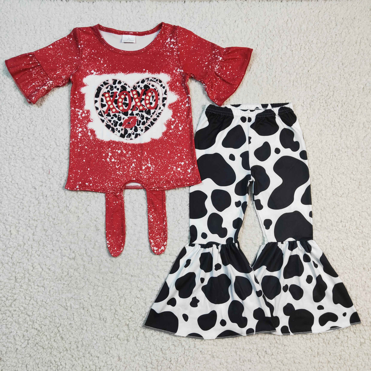 GSPO0365 Valentine XOXO Red Bleach Band Cow Print Girls Outfits