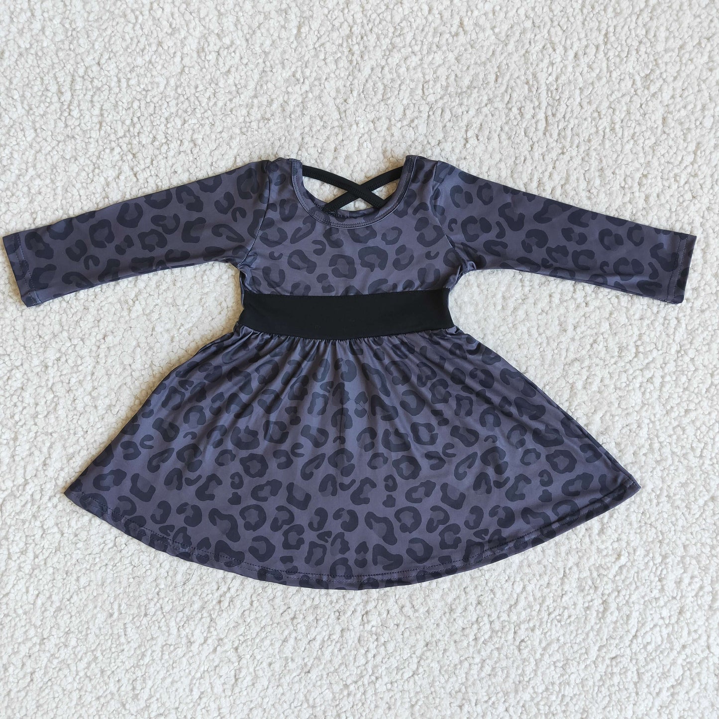 Long Sleeve Black Leopard Print Twirl Dress