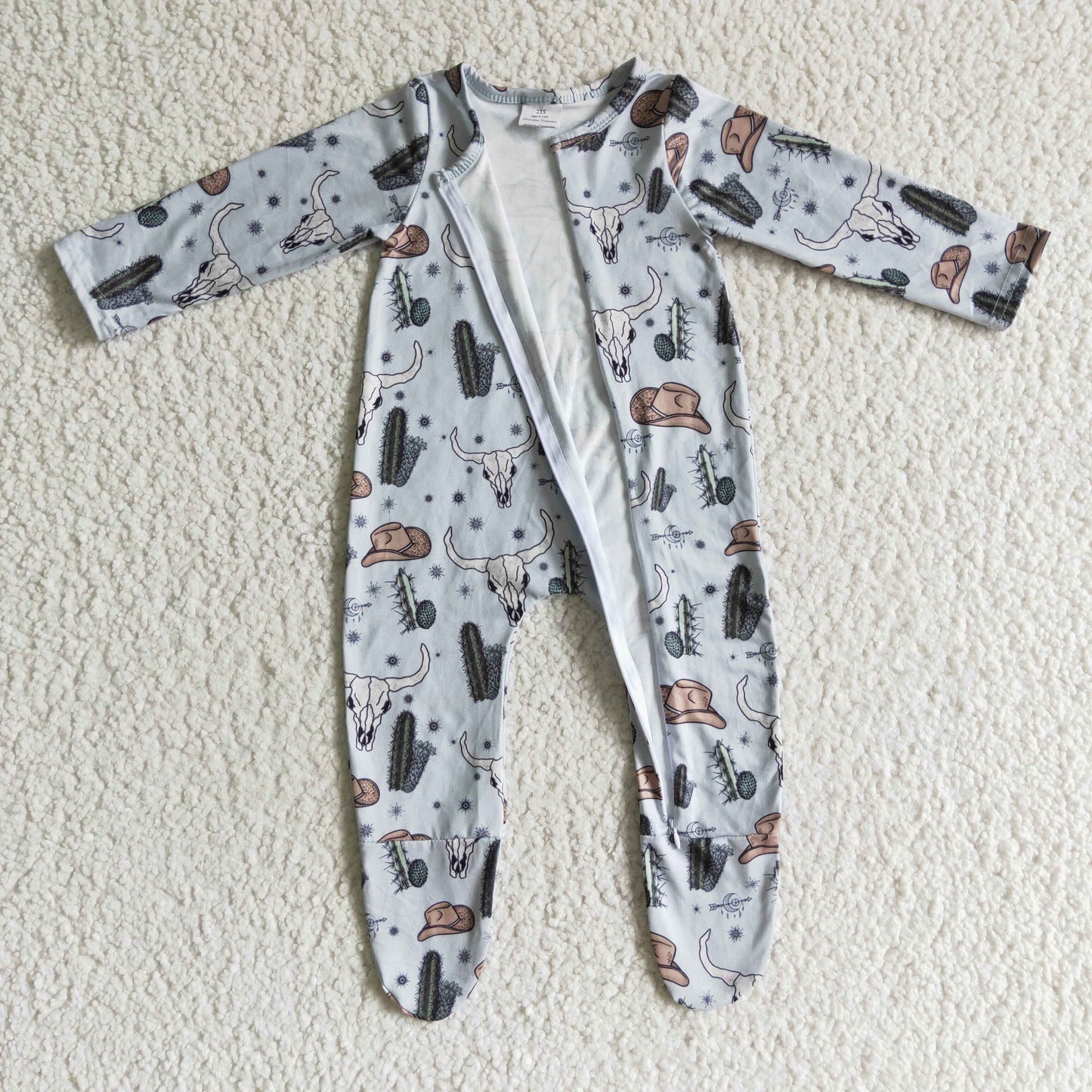 LR0153 Western Cow Cactus Zipper Long Sleeve Romper