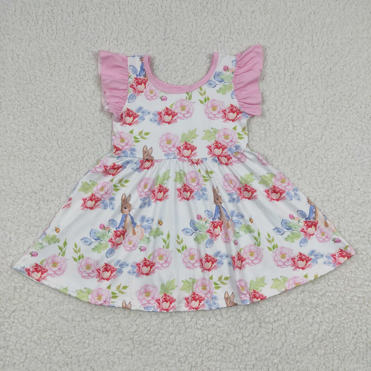 GSD0223 Easter Rabbits Floral Print Pink Flutter Sleeve Baby Girls Dress