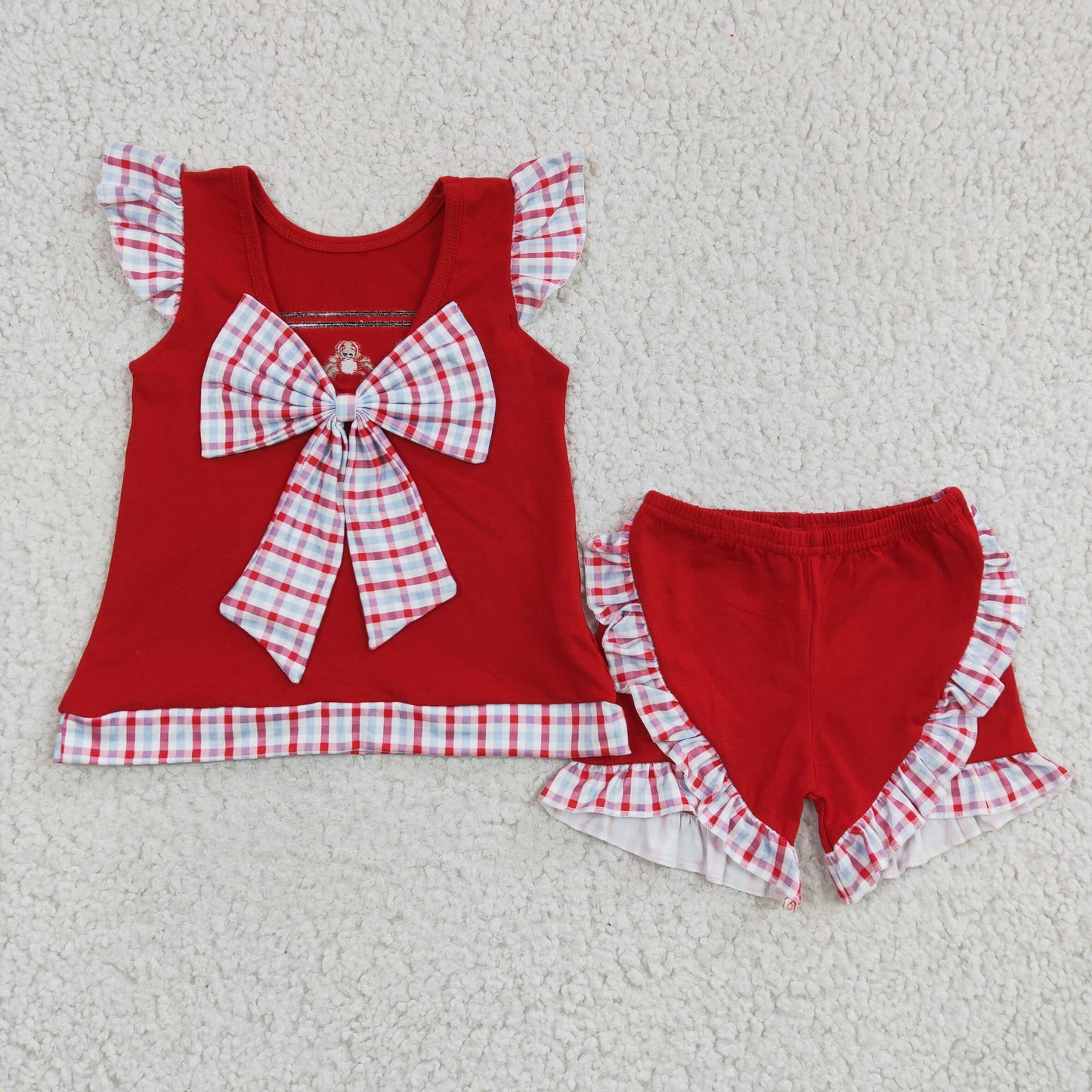 GSSO0142 Red Flutter Sleeve Crab Embroidery Summer Girls Bow Set