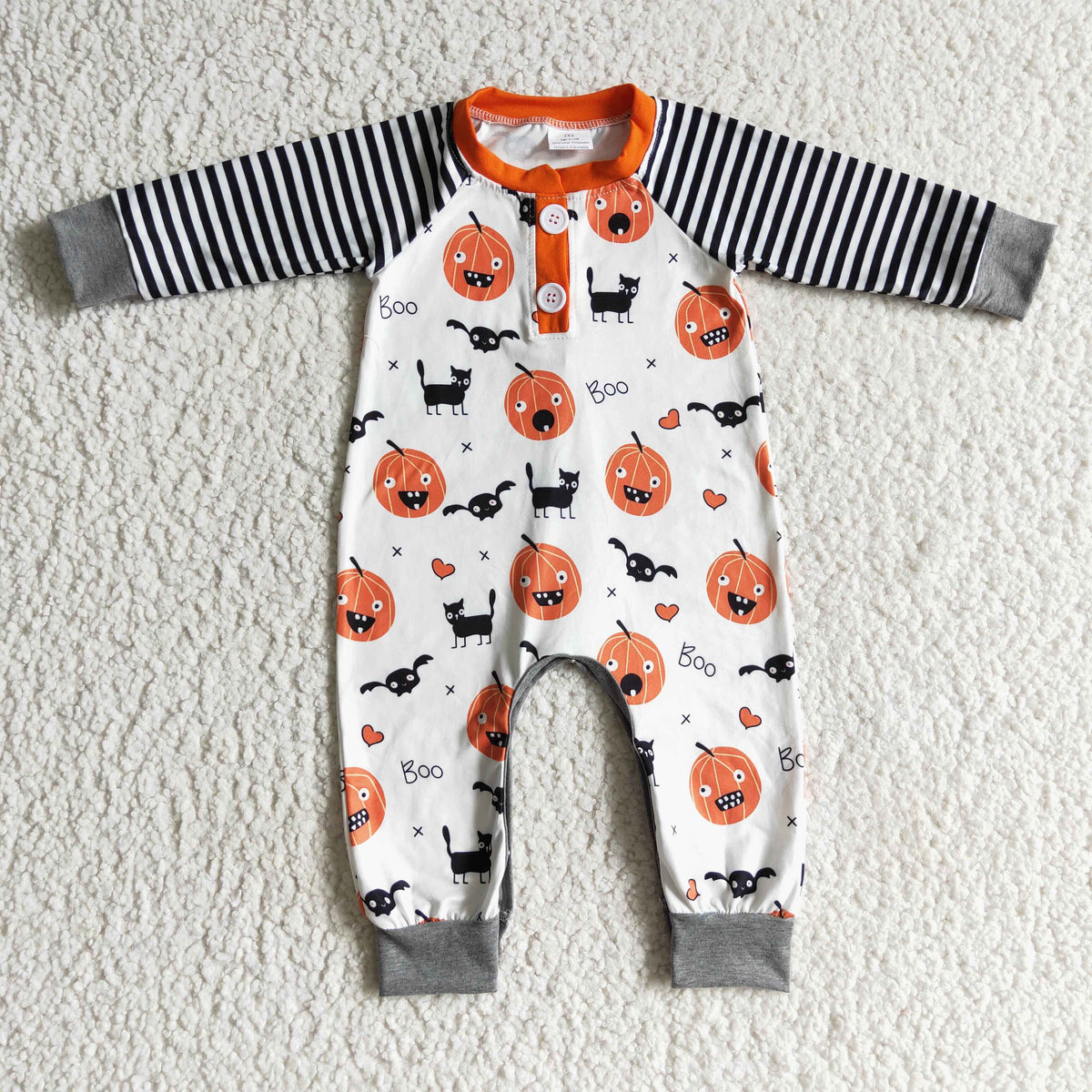 LR0140 Halloween Pumpkin Striped Print Romper