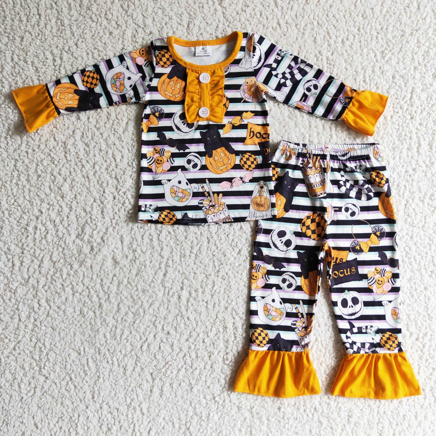 GLP0238 Halloween Pumpkin Striped Print Girls Pajamas