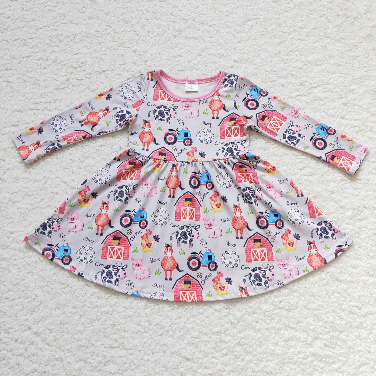 GLD0151 Farm Chick Trarctor Horse Cow Baby Girls Dress