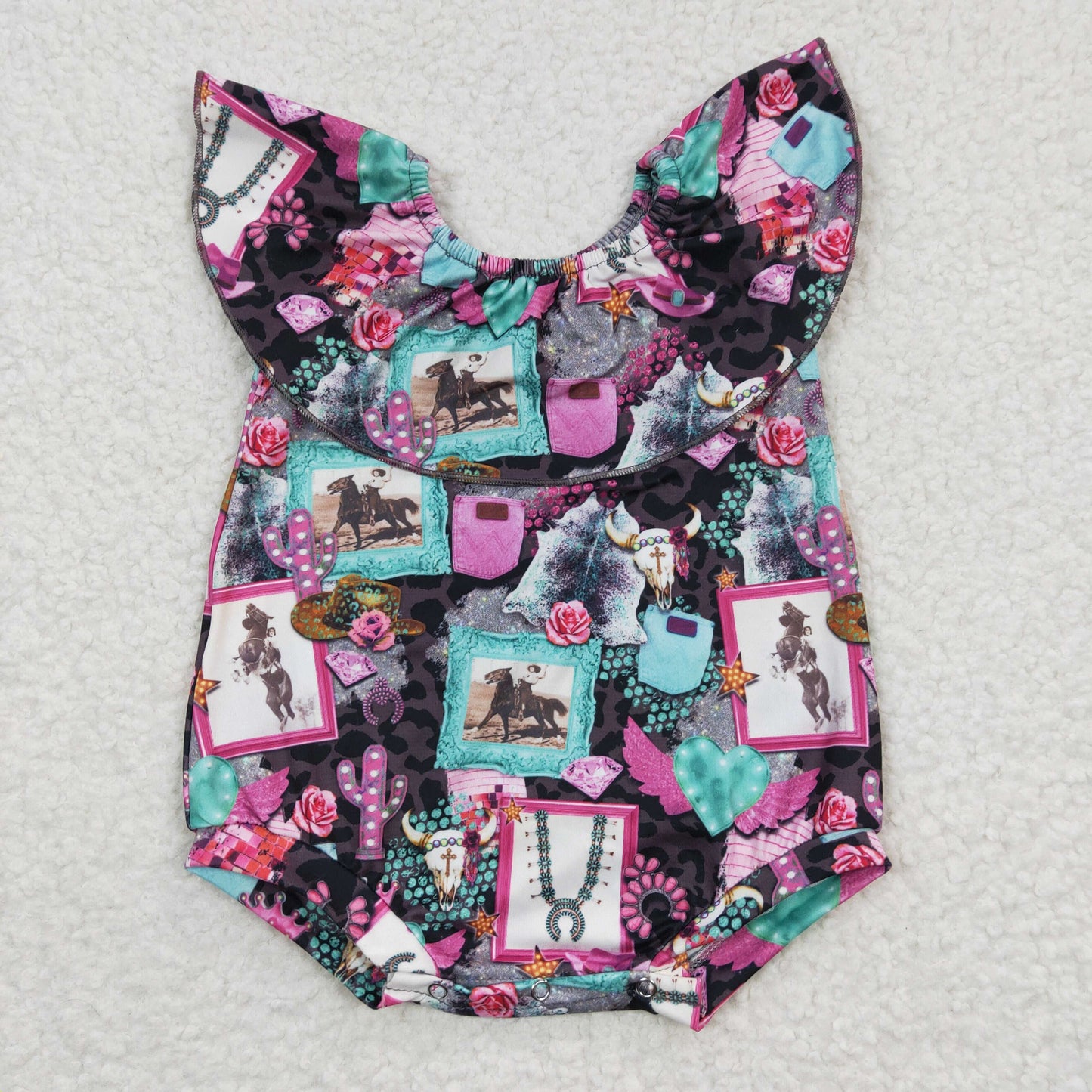 SR0219 Western Horse Cow Skull Cactus Baby Girls Romper