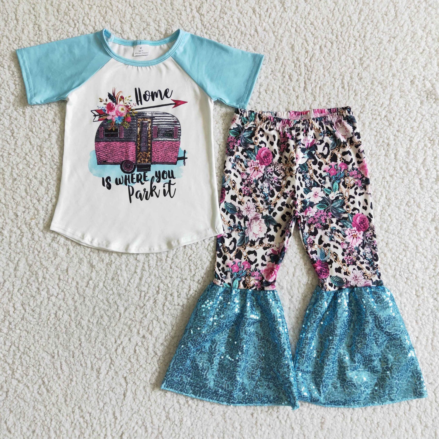 GSPO0053 Blue Raglan Short Sleeve Sequin Outfits