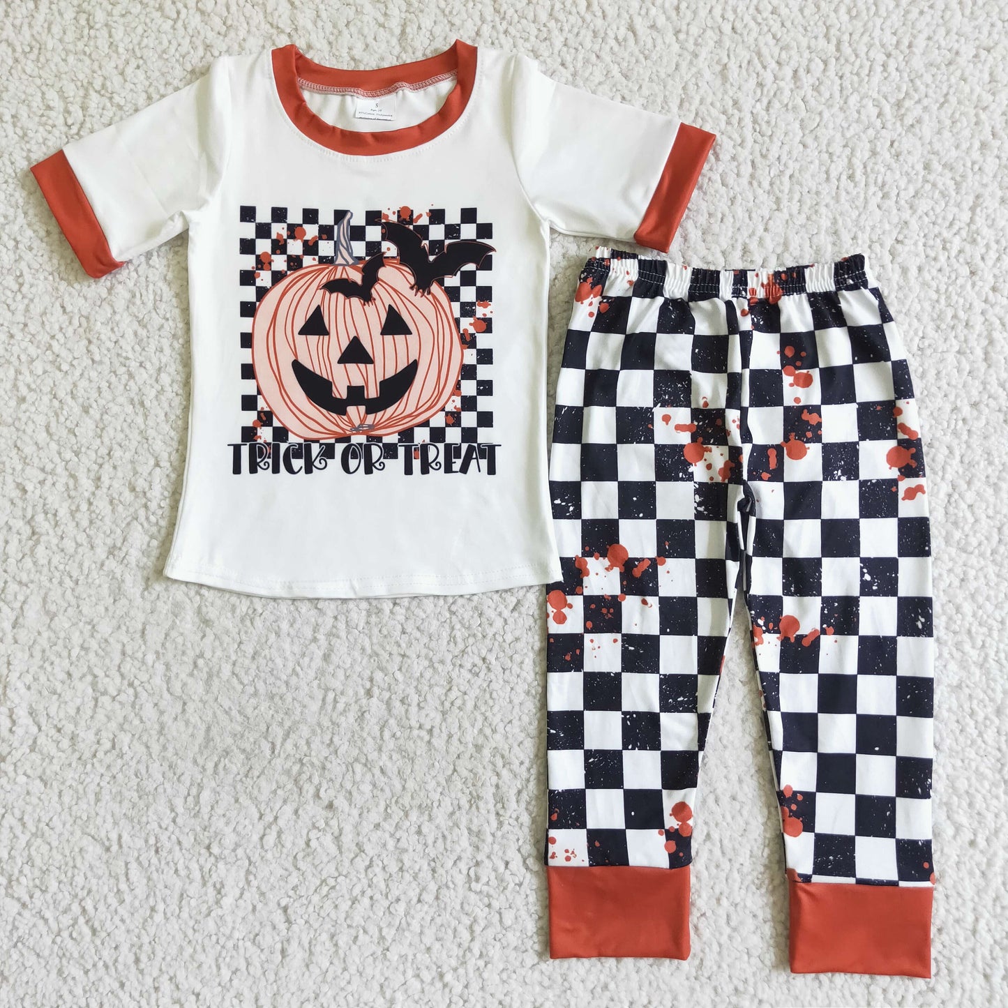 BSPO0028 Halloween Pumpkin Black Plaid Print Boys Outfits