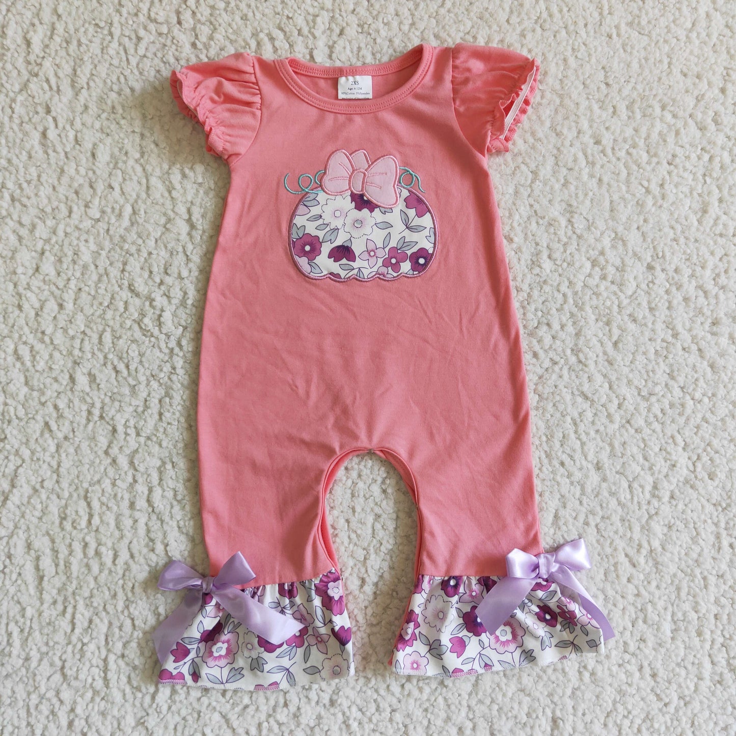 SR0097 Fall Pumpkin Embroidery Girls Pink Romper