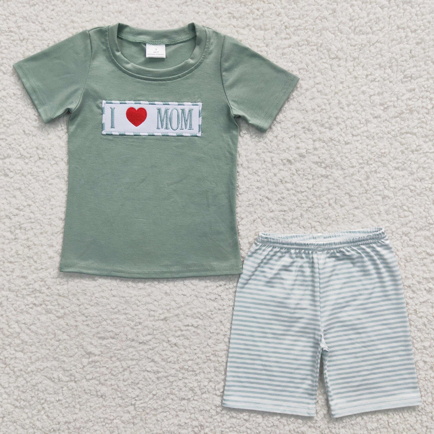 USA SHOP BSSO0173 Green Embroidery I Love Mom Boys Summer Set
