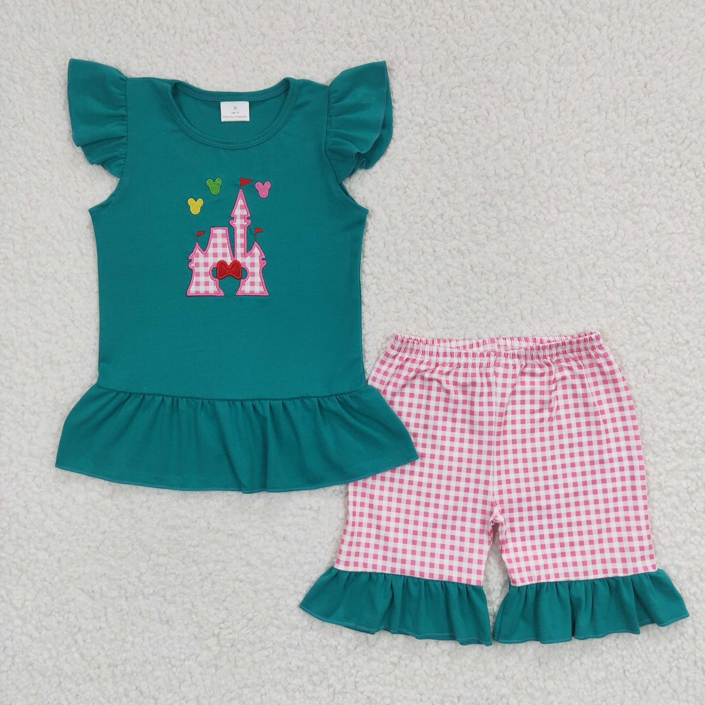 GSSO0151 Green Flutter Sleeve Castle Embroidery Pink Shorts Girls Set