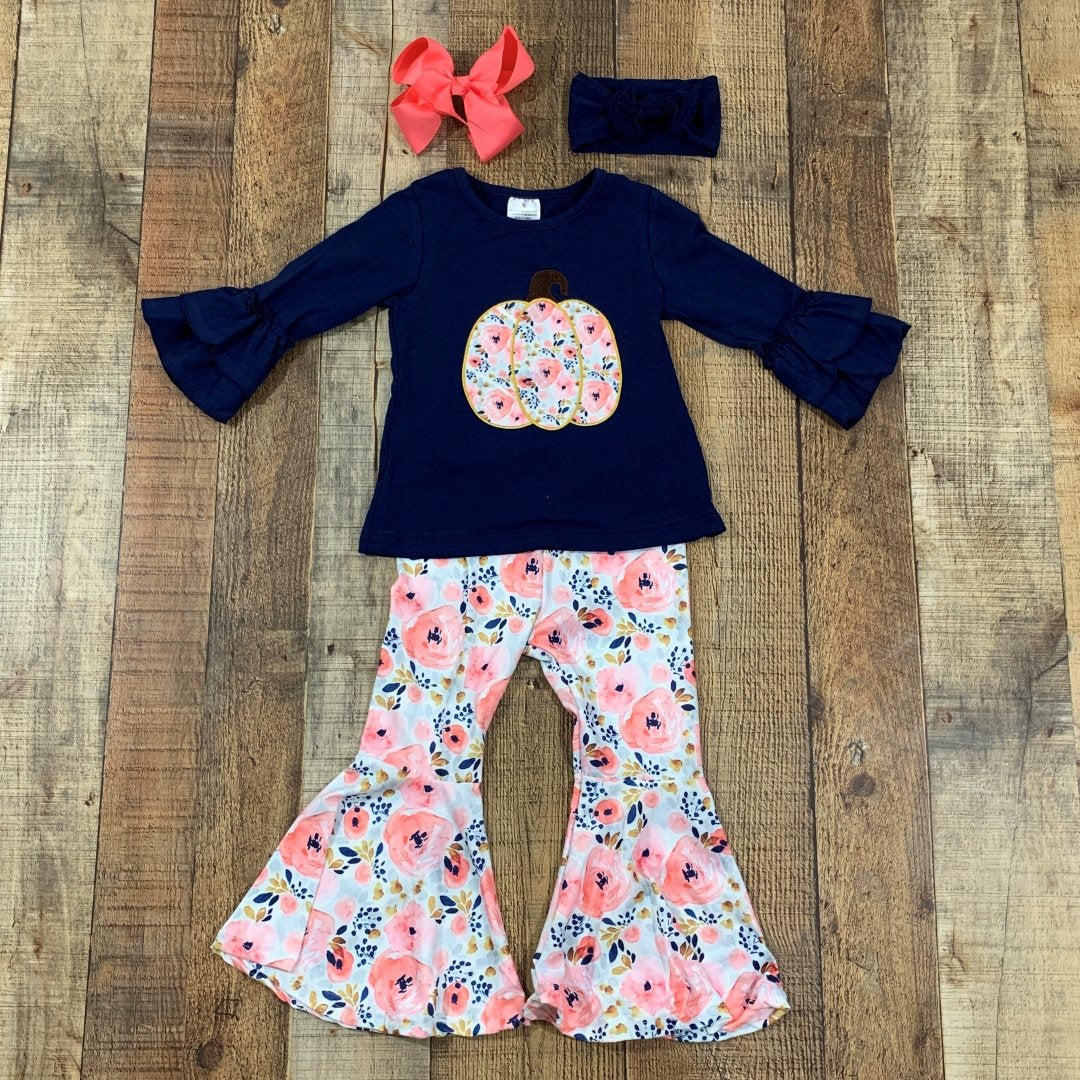 6 A9-15 Embroidery Floral Pumpkin Adorable Long Ruffles Sleeve Match Cute Pants Kids Outfits