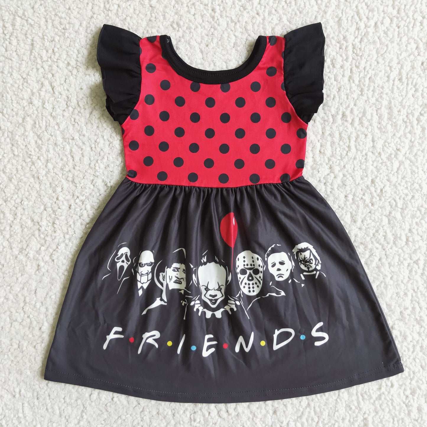 A3-3-1 Flutter Sleeve Dots Cartoon Design Casual Halloween Girls Fall Dresses