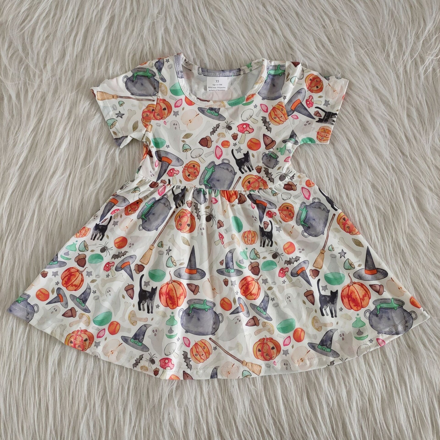 Casual Baby Girls Fall Short Sleeve Halloween Witch Print Twirl Dress