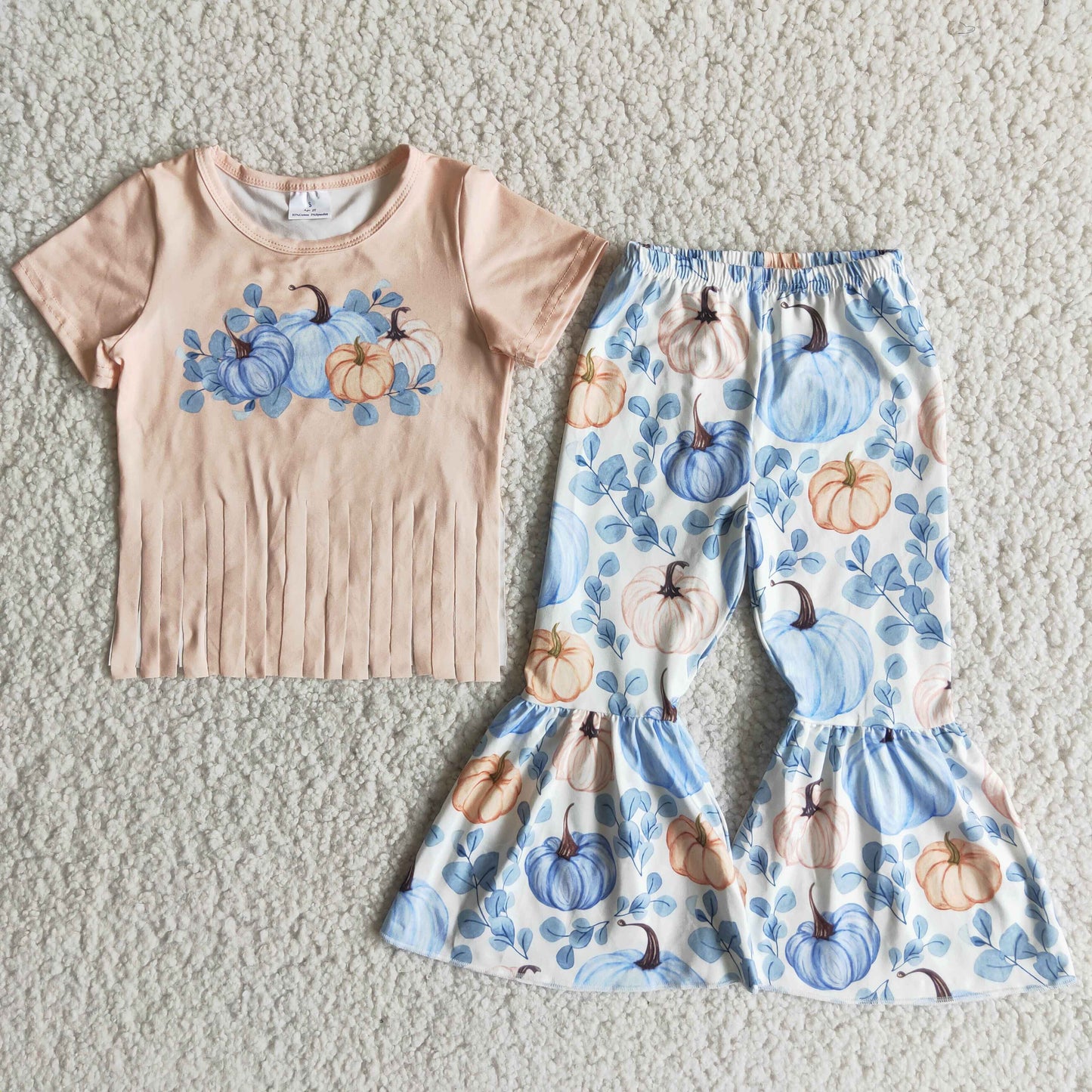 Tassels Short Sleeve Pumpkin Floral Print Casual Bell-bottom Pants Outfits