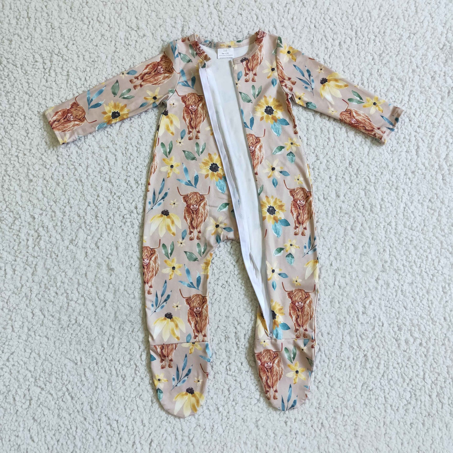 LR0071 Heifer highland cow Sunflower Baby zipper long sleeve girls Romper