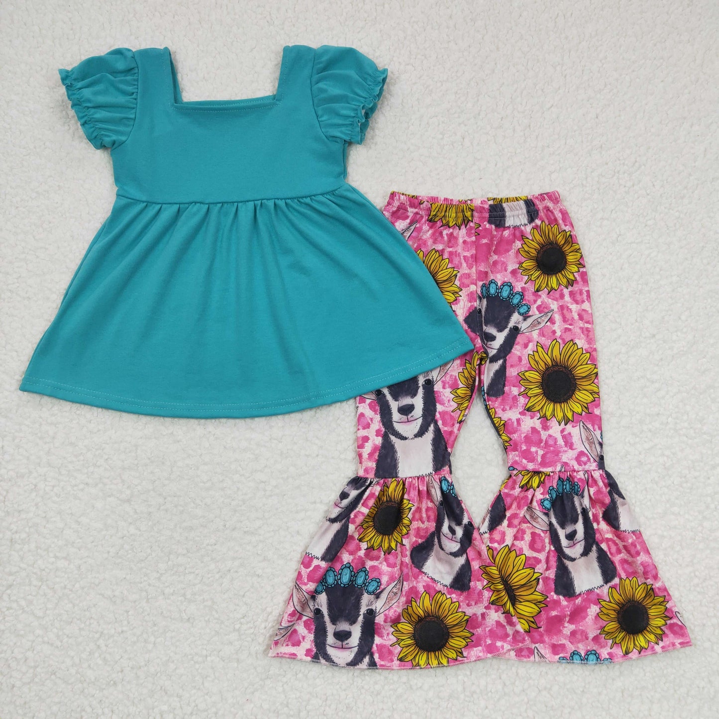 GSPO0345 Blue Cow Sunflower Short Sleeve Cactus Girls Outfits