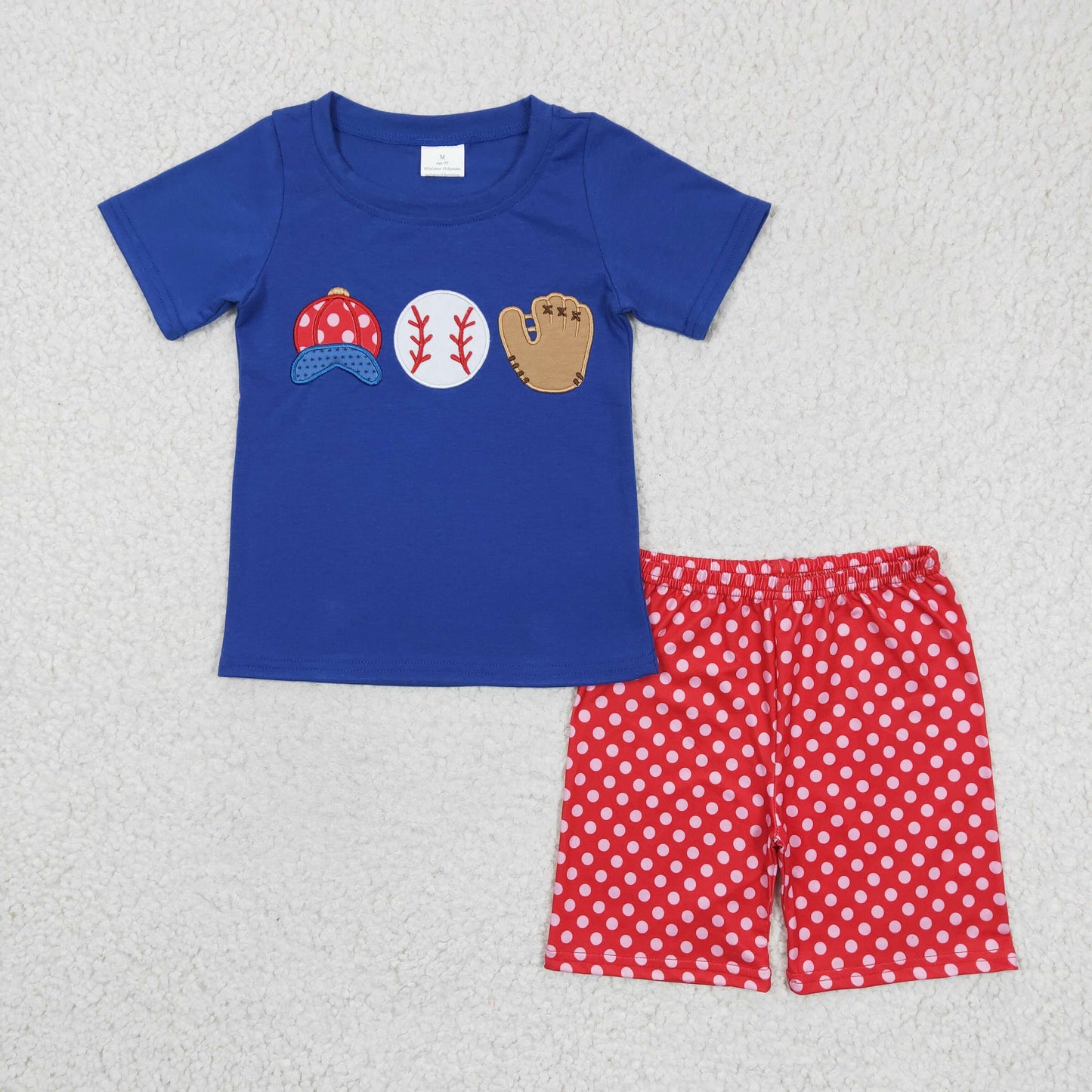 BSSO0098 Blue Short Sleeve Hat Ball Glove Embroidery Boys Red Dots Set