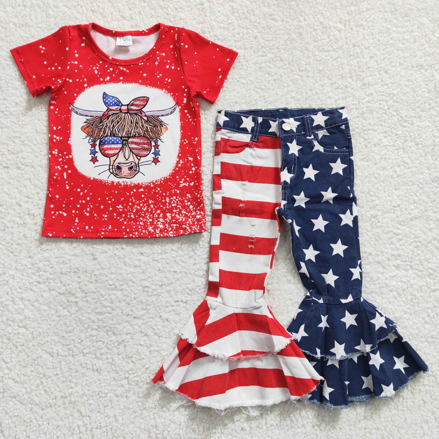 GSPO0408 4th Of July Highland Cow Denim Jeans Girls Outfits