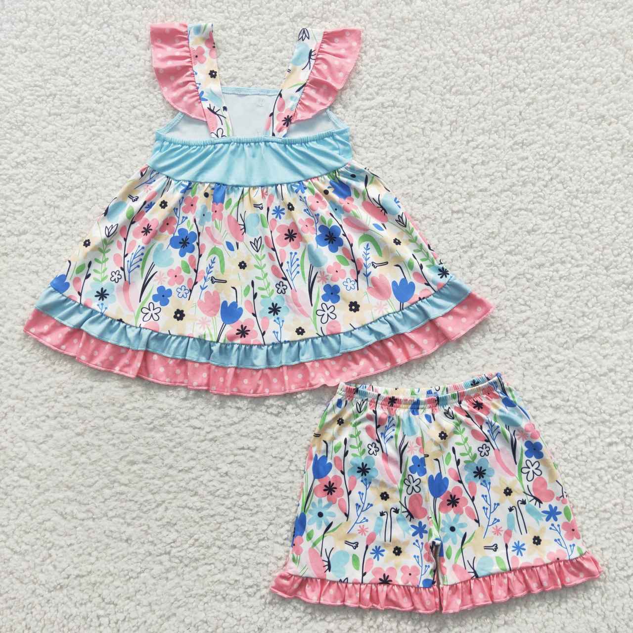 GSSO0243 Blue & Pink Flowers Flutter Sleeve Shorts Girls Summer Set
