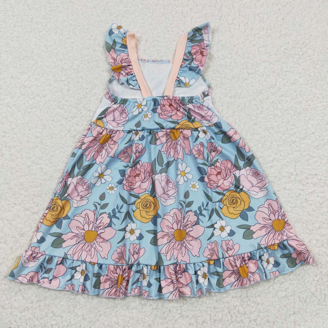 GSD0315 Flutter Sleeve Mama's Girl Blue Flower Embroidery Dress
