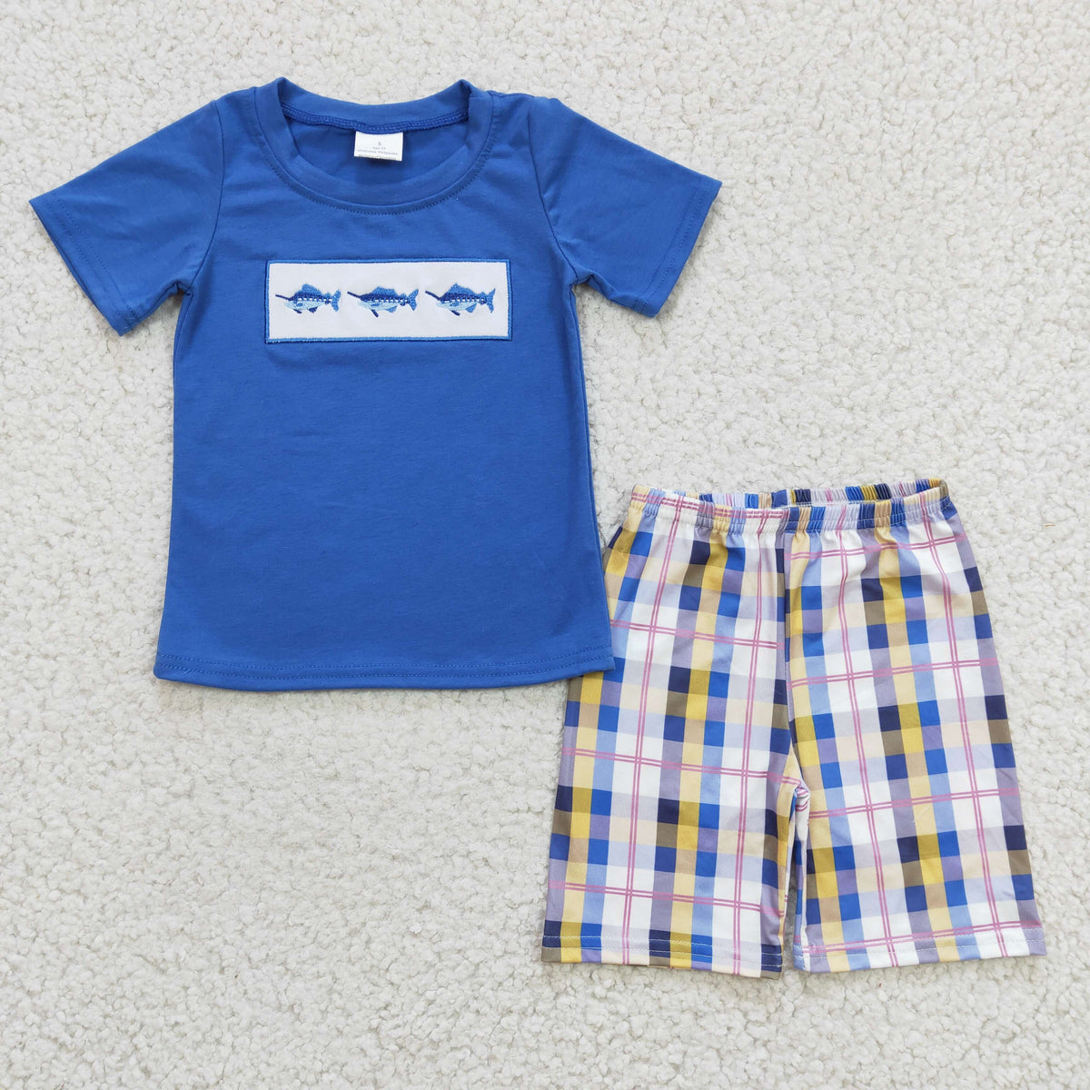 BSSO0125 Blue Shark Short Sleeve Embroidery Plaid Print Shorts Boys Set