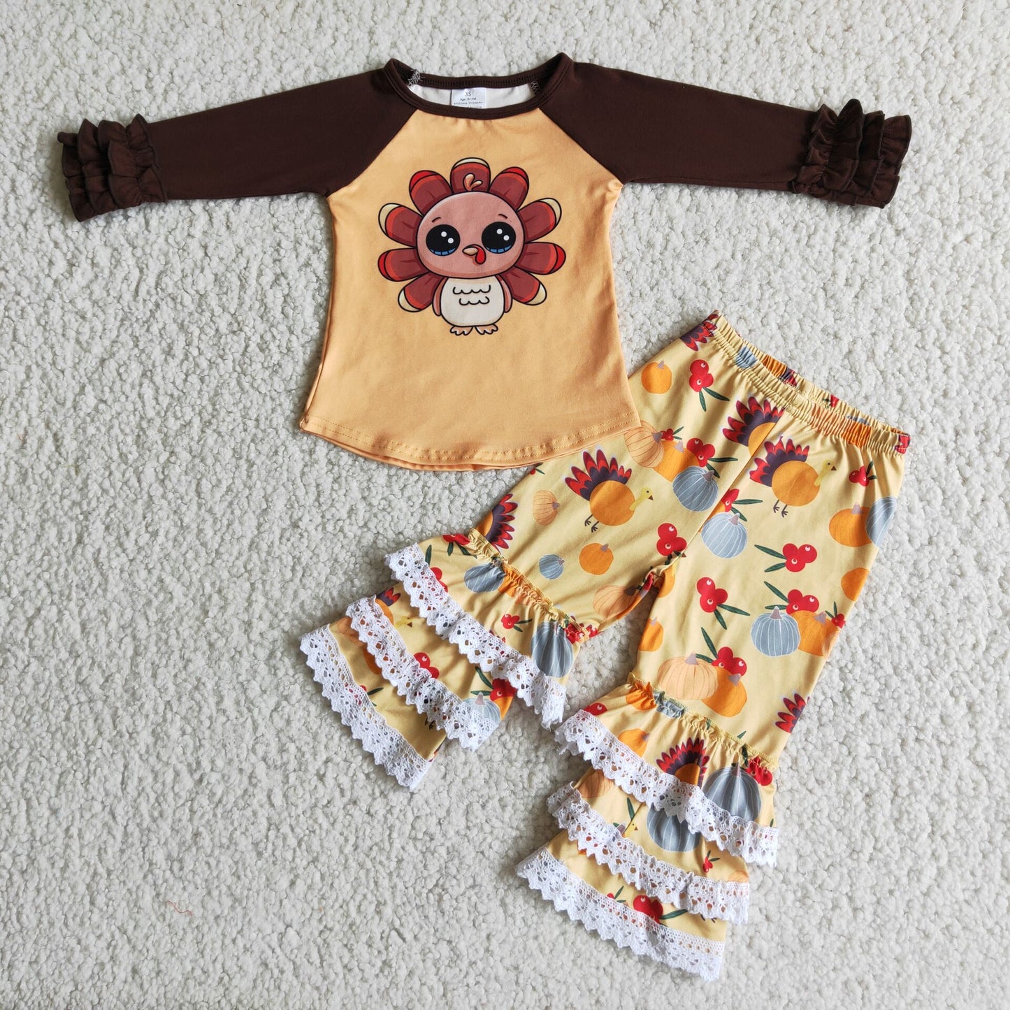 New Arrival Baby Girls Fall Turkey Lace Ruffles Pants Casual Kids Outfits