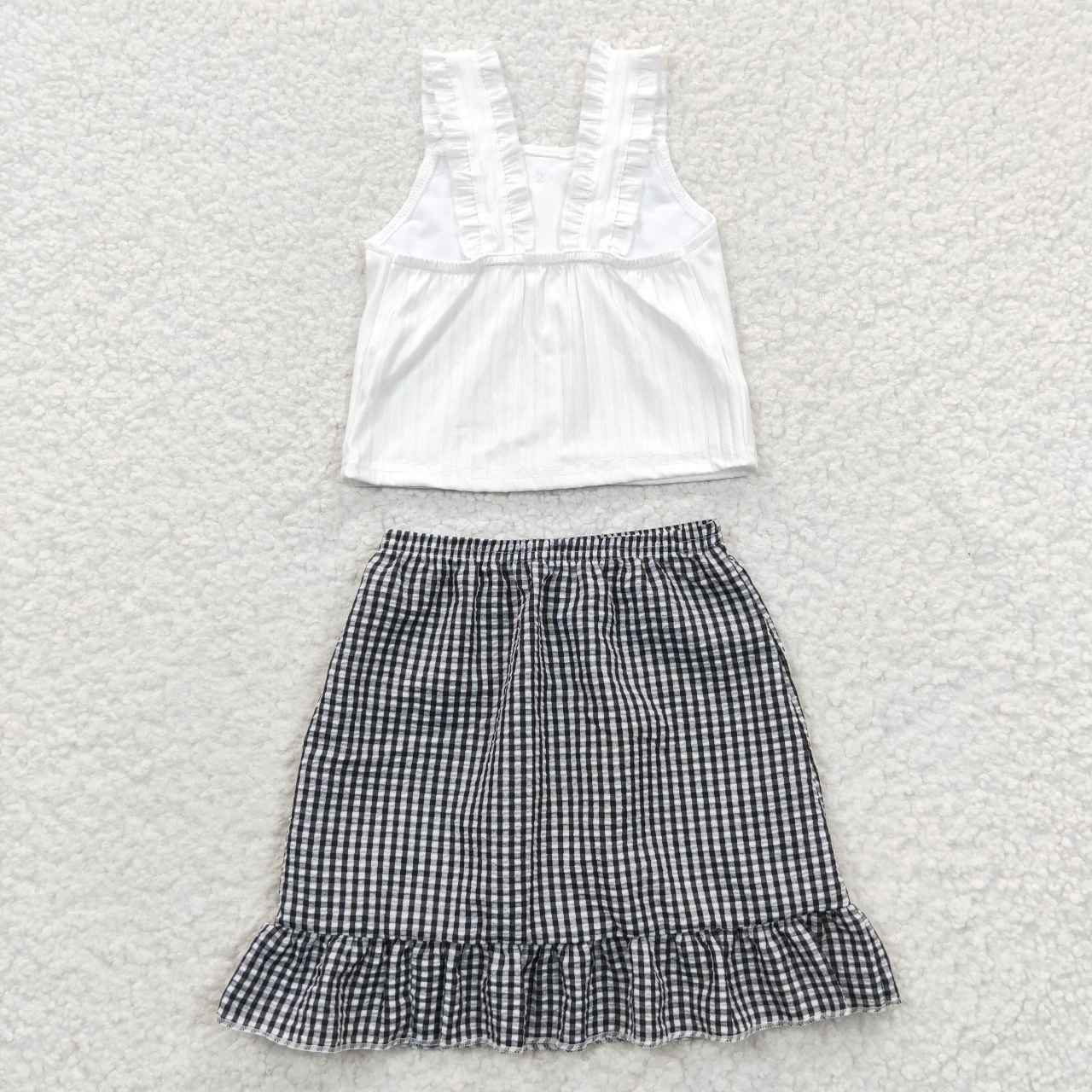 GSD0262 White Sleeveless Top Match Black Plaid Print Skirts Dress Set