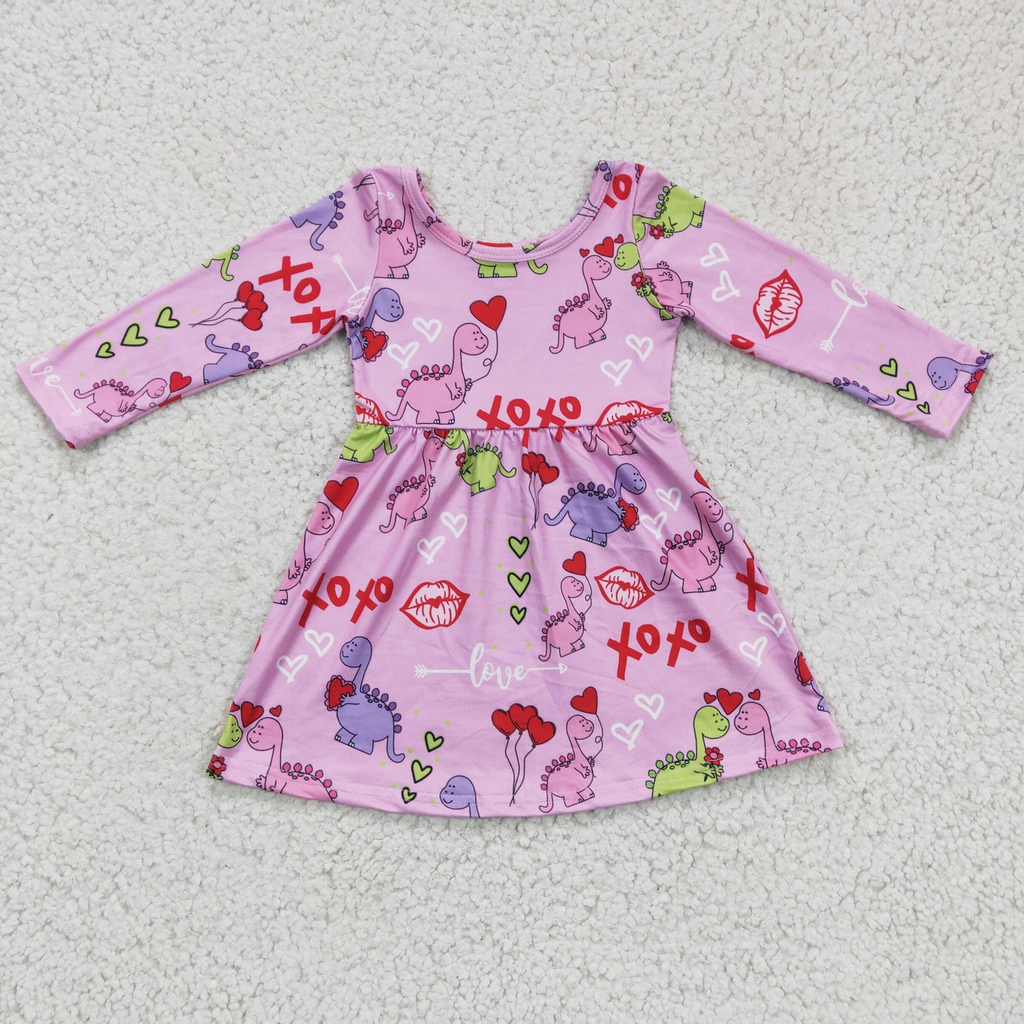 GLD0169 Valentine XOXO Pink Dinosaur Heart Girls Dress