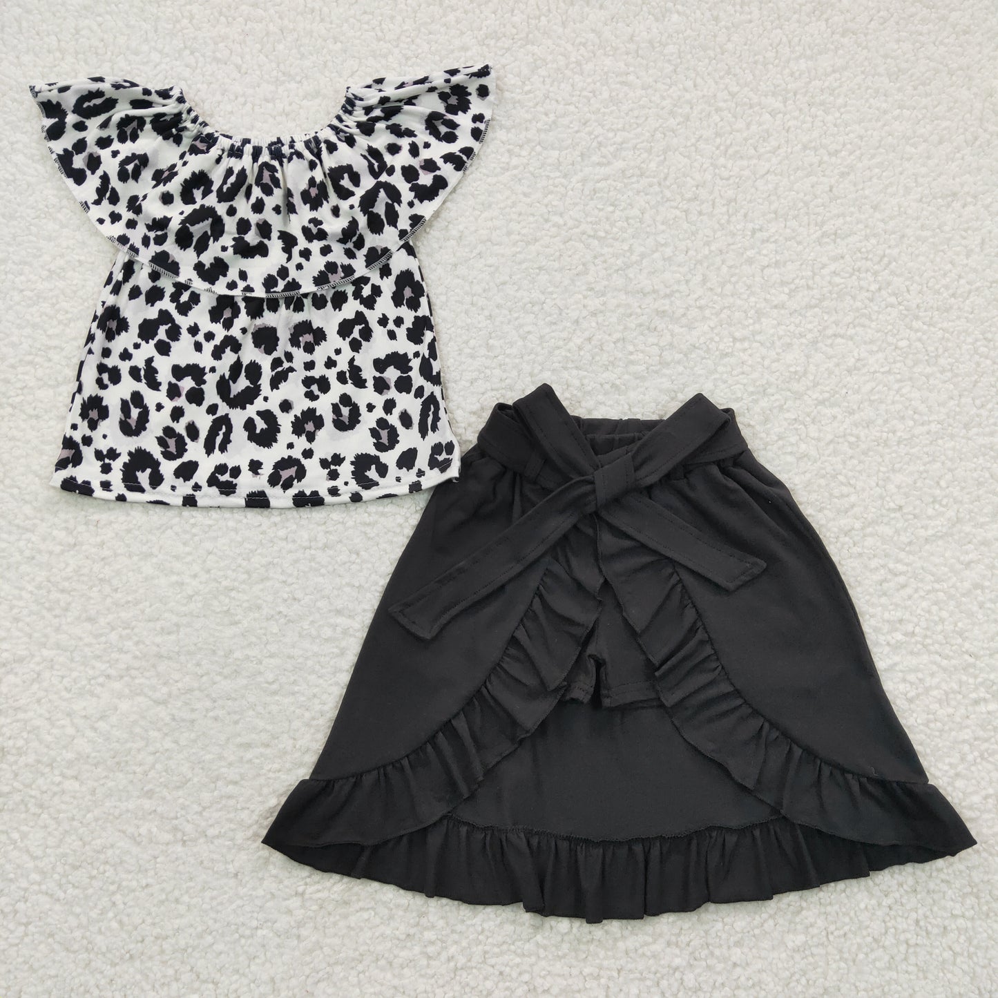 GSSO0183 Off Shoulder Leopard Print Black Summer Girls Dress 2pcs Set