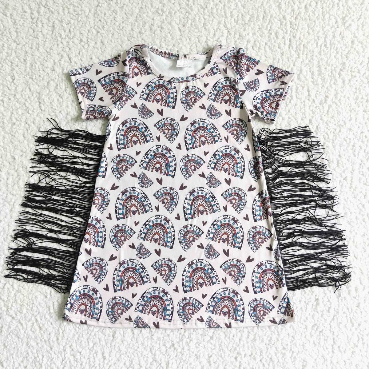 $5.5 GSD0101 Rainbow Heart Print Tassels Dress