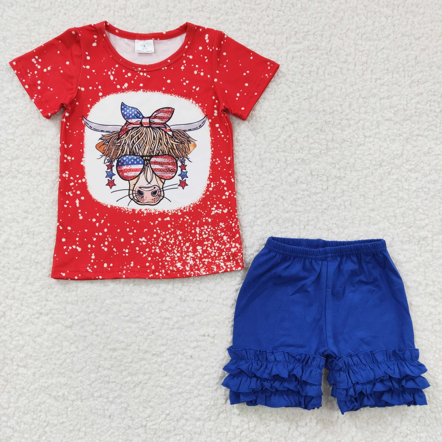 GSSO0250 Red Highland Cow 4th Of July Shorts Baby Girls Blue Shorts Summer Set