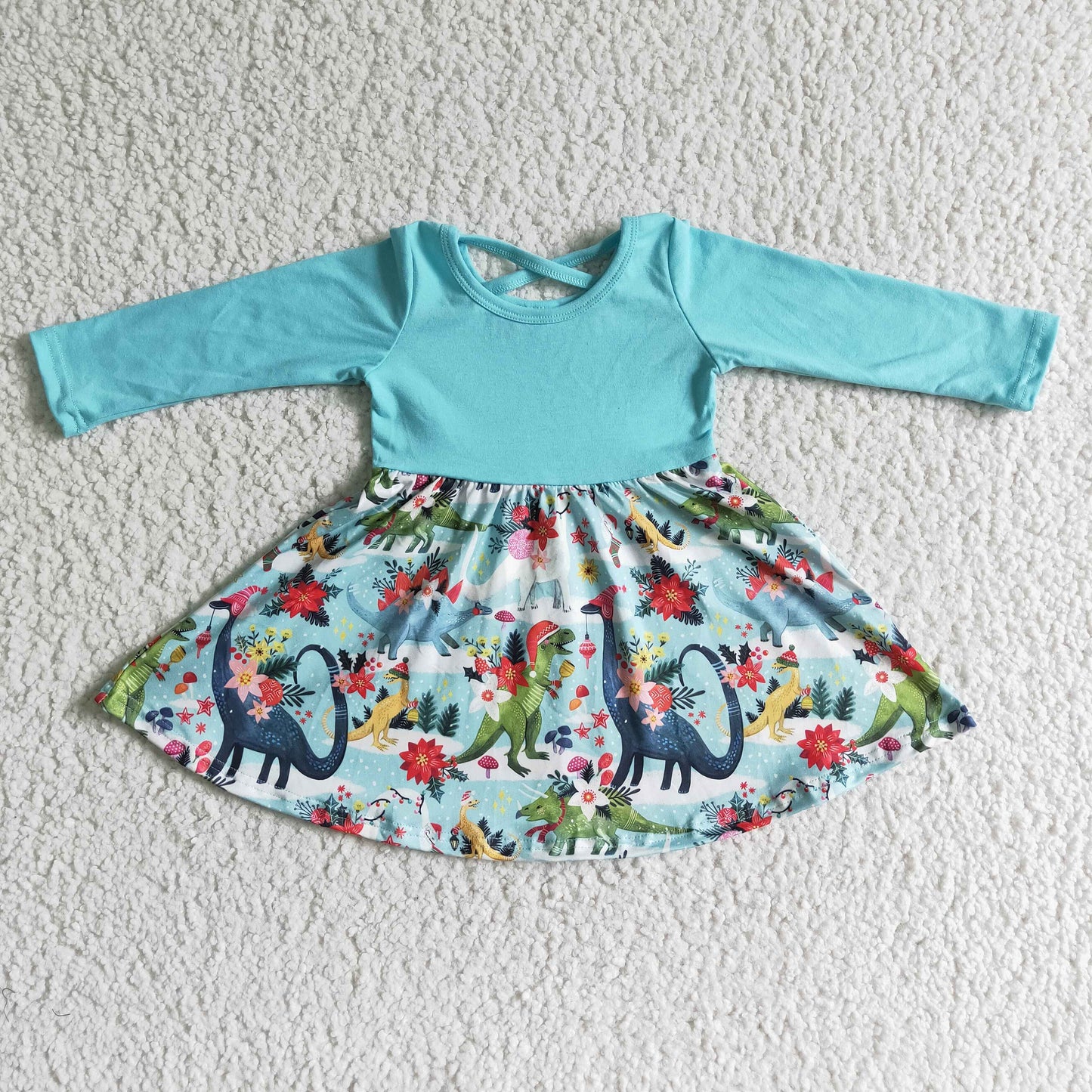 GLD0006 Blue Long Sleeve Christmas Dinosaur Dress